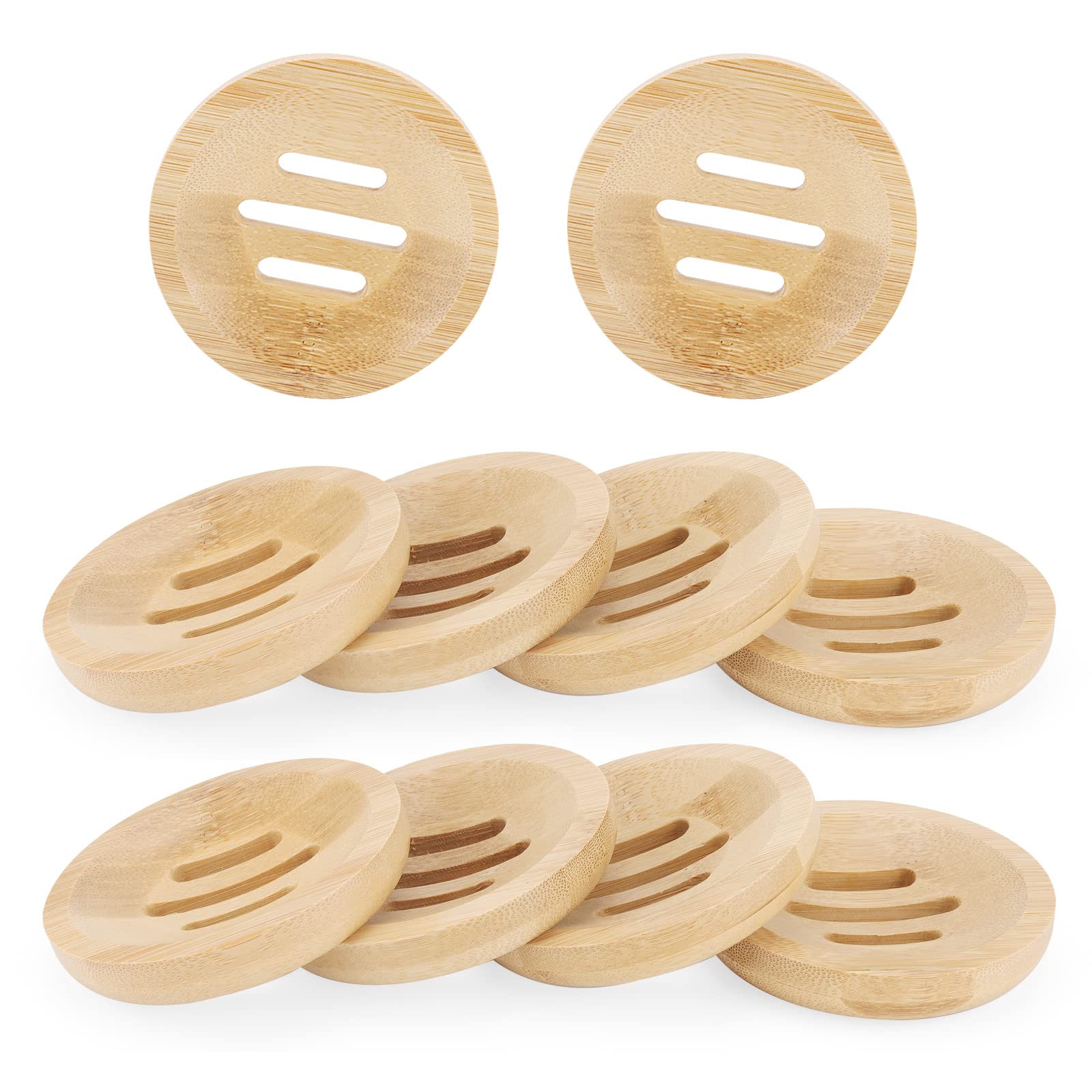 JAPCHET 10 Pack Round Bamboo Soap Dish, 80mm Diameter Natural Wooden Bamboo Soap Dish, Wood Soap Rack Holder for Kitchen, Bathroom