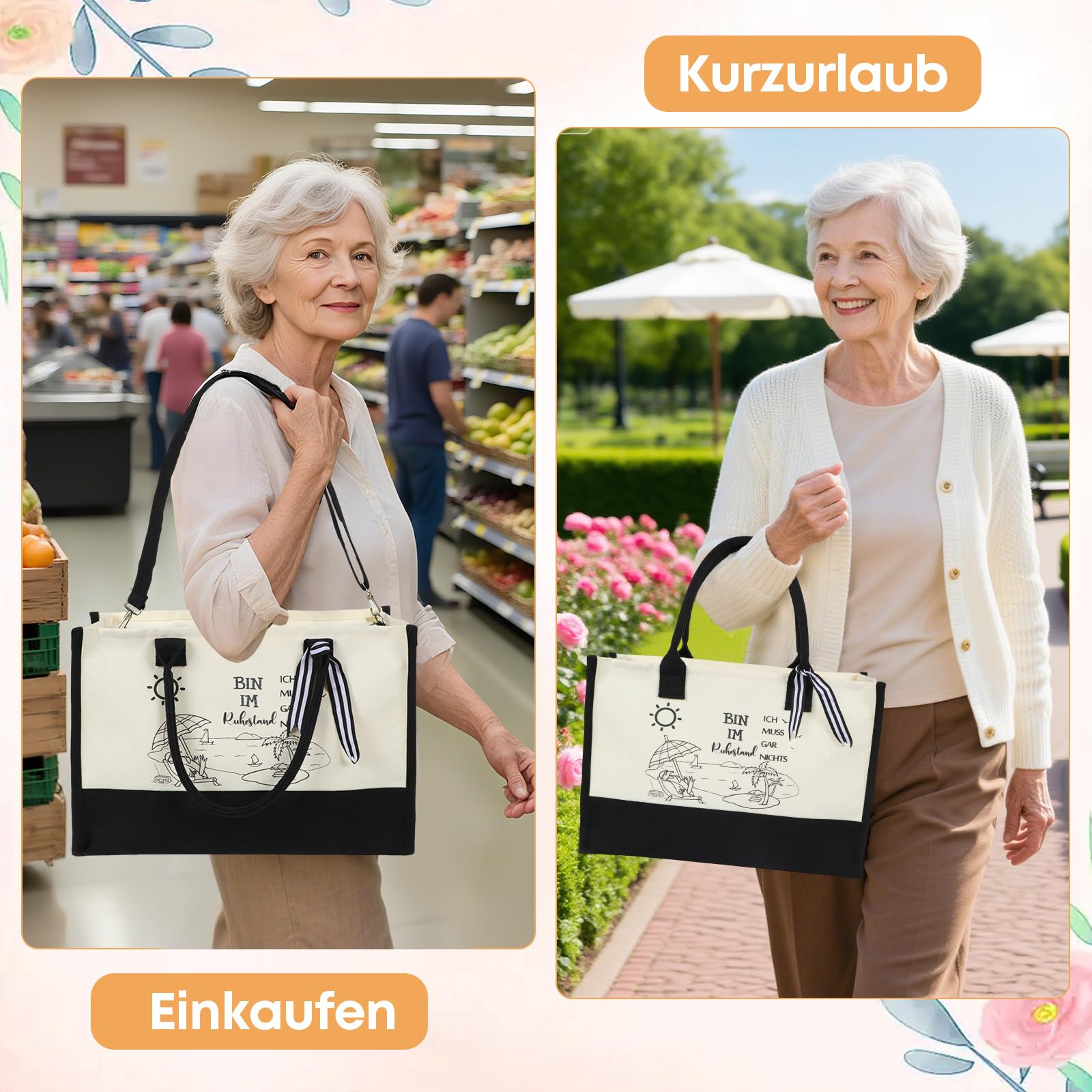 Seutgjie Rentner Geschenk Frau, Renteneintritt Geschenk Canvas Einkaufstasche Tragetasche Kosmetiktasche Set mit Glückwunschkarte für Kollegen Freunde Familie Oma Opa Geschwister