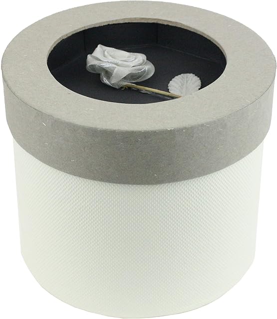 Emartbuy Rigid Luxury Round Shaped Presentation Gift Box, 13.8 x 8.5 cm, Cream Box with Grey Lid, Chocolate Brown Interior and with Rose Flower Decoration