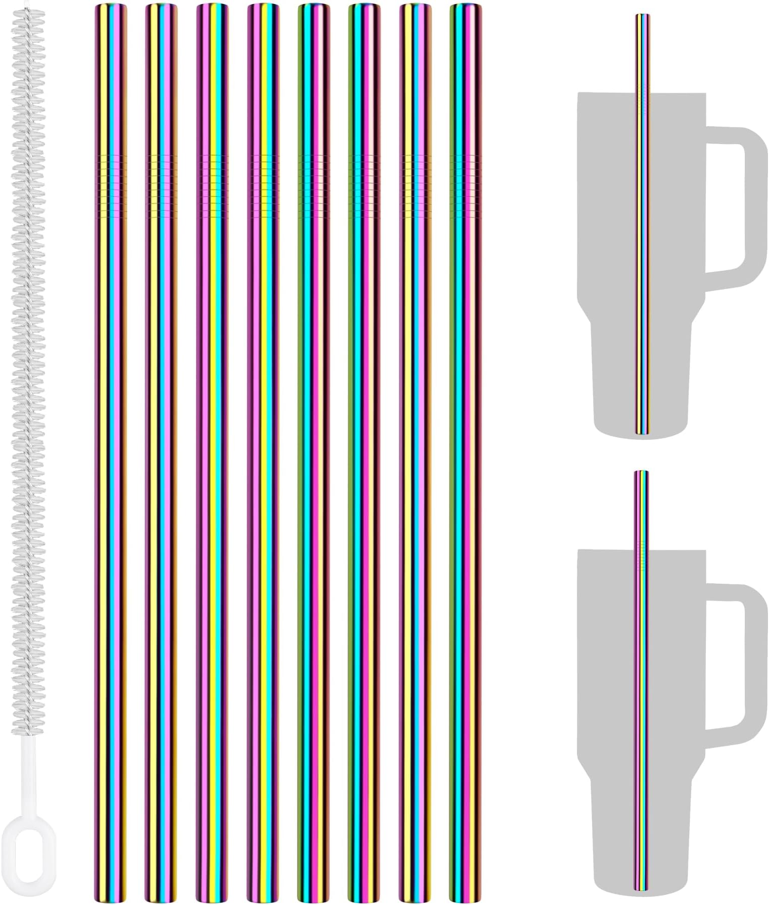 8PCS Stainless Steel Straws Fit for 40oz Stanley Tumblers | 12” Metal Straws Fit for Stanley Cup with 1 Brush, Reusable Straight Drinking Straw for Smoothies Milkshakes (Iridescent)