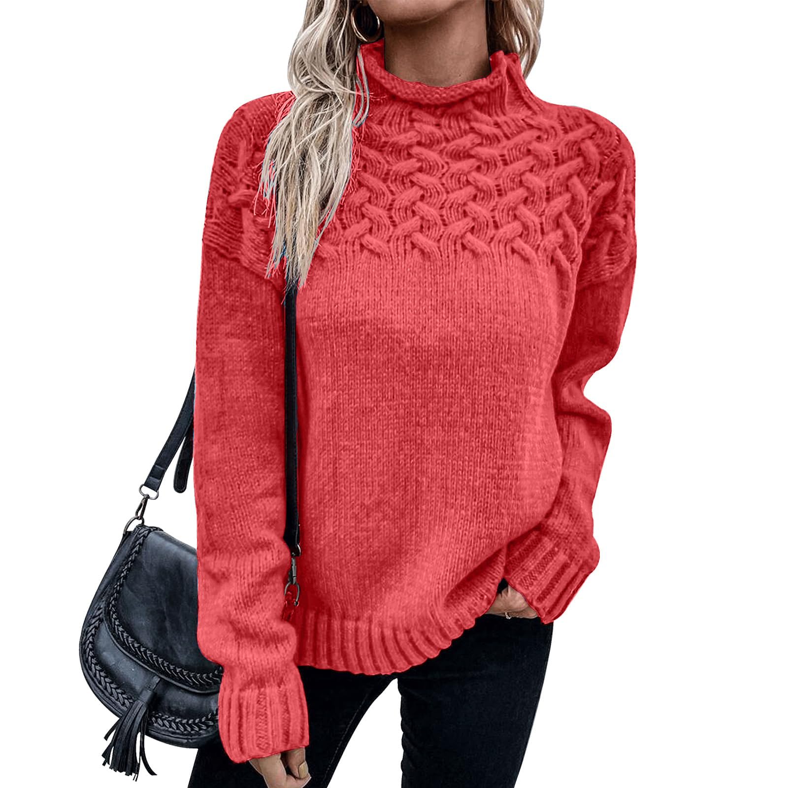 Womens Sweater Autumn and Winter high Collar Long Sleeve Knitted Pullover Solid Color Sweater top