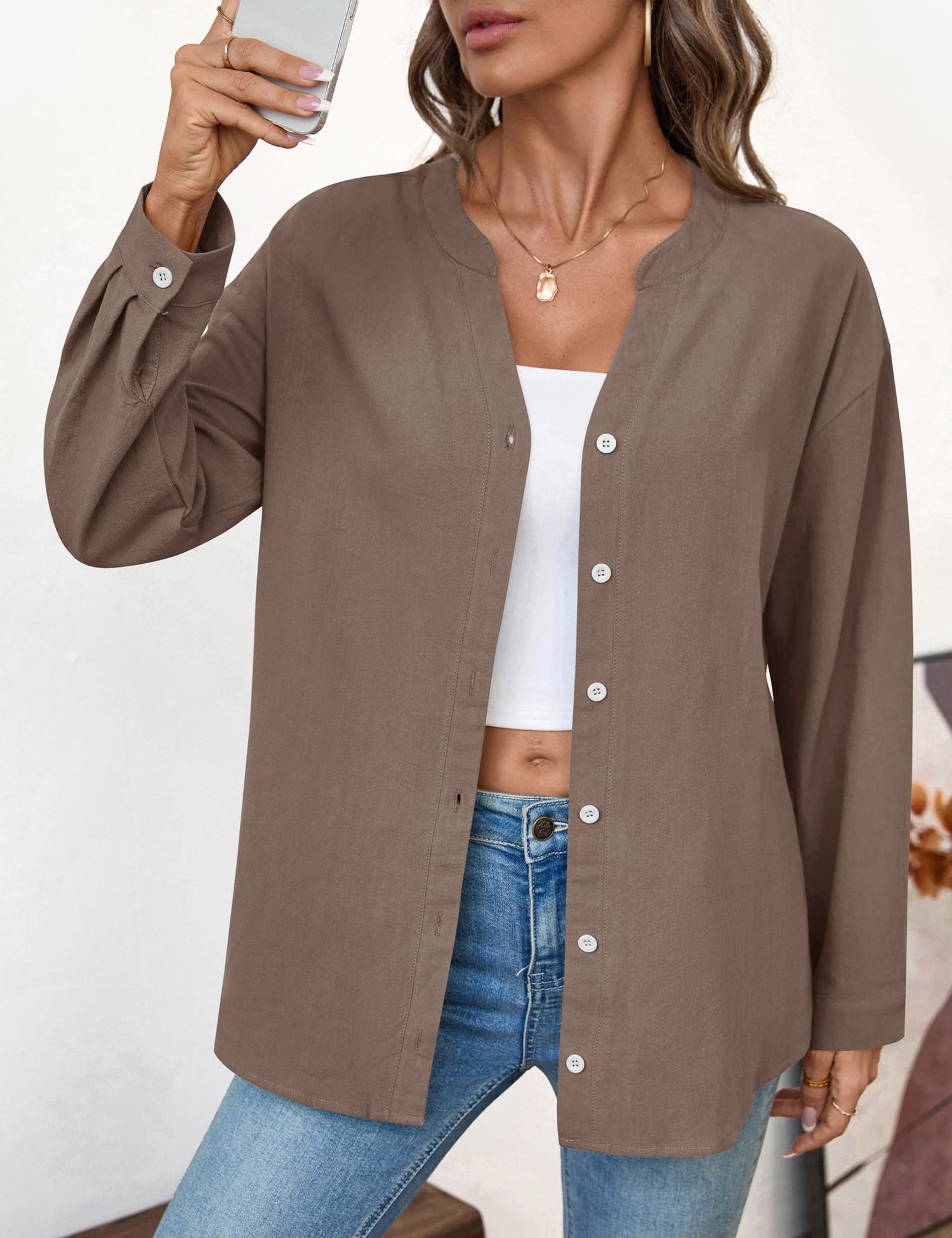 Rapbin Camicette da donna a maniche lunghe, in cotone, con scollo a V, con bottoni, casual, da lavoro, ufficio, camicette larghe
