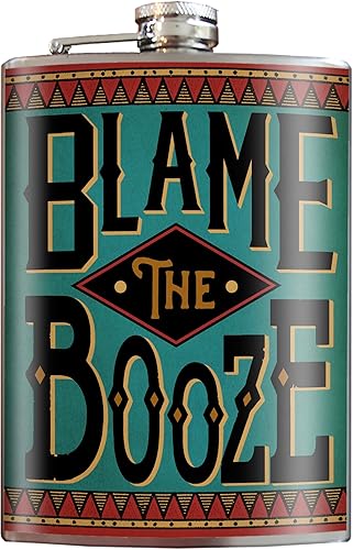 Blame the Booze - Petaca de acero inoxidable de 8 onzas para licor, viene en una caja de regalo, diseño a prueba de fugas, fácil de limpiar, 3.75 x