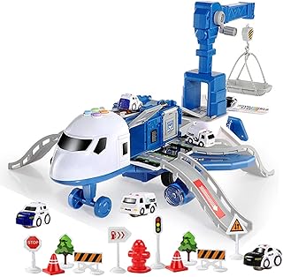 Transport Cargo Airplane Car Toy Set with Lights and Sounds, Kids Aircraft Toy Best Gift For 3+ year old Boys Girls Kids - Including 1 Transport Aircraft, 3 Alloy Car and 11 Road Sign and Roadblock