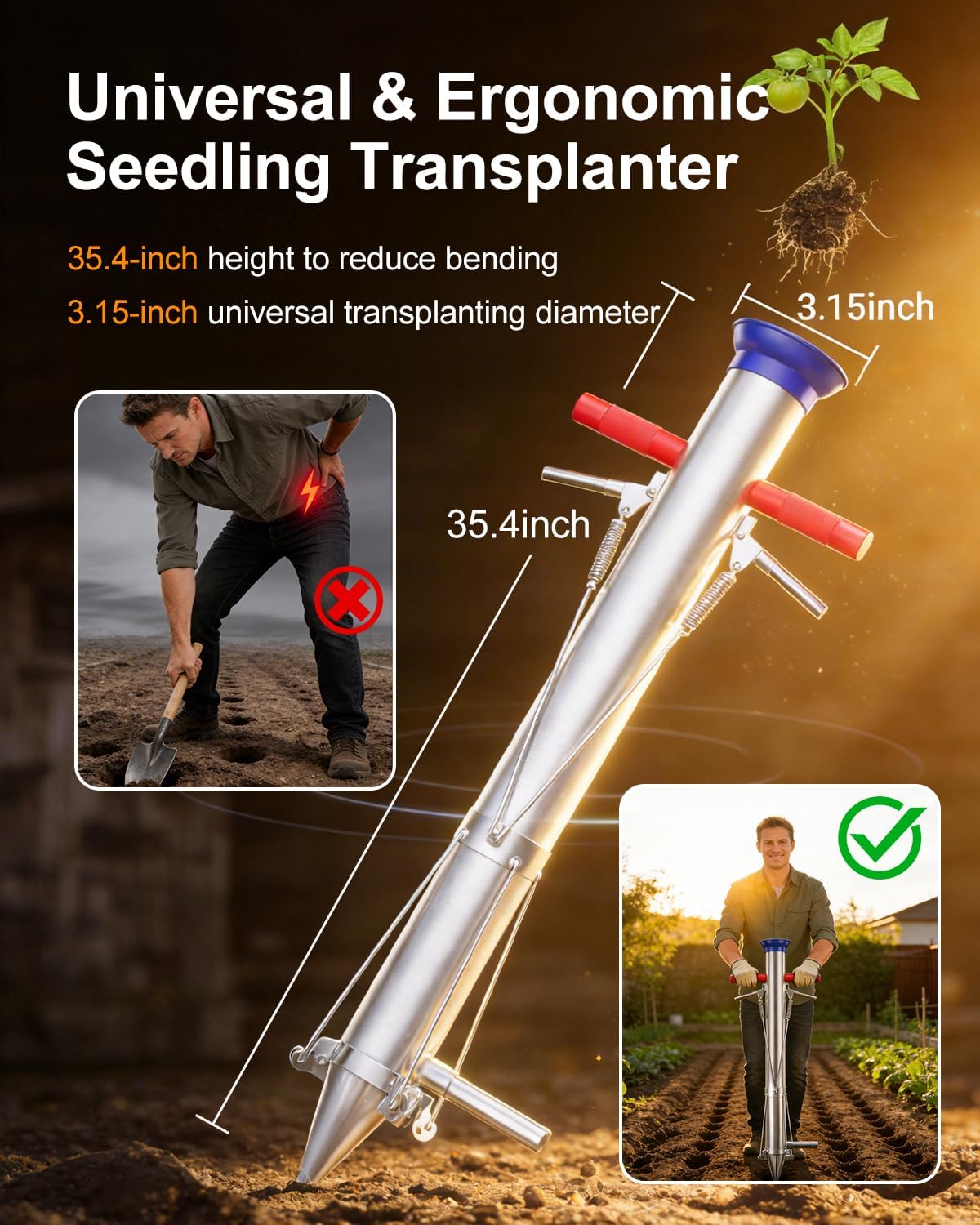 Seedling Transplanter with Foot Pedal, Long Handled Bulb Planter Tool, 3-Second Quick Planting, Fit for Vegetable Seedlings, Flower Seedlings and Bulb Plants, Stainless Steel