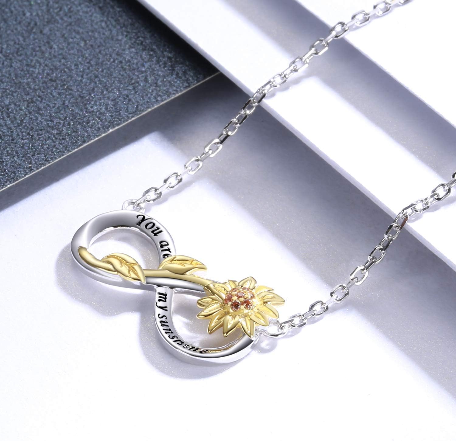 APOTIE You Are My Sunshine Necklace Sterling Silver Infinity Cross Heart Sunflower Pendant Flower Inspirational Jewelry Gift for Mom Daughter Wife Women