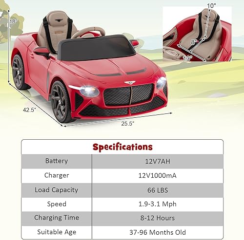 Miniatura 5 de HONEY JOY Vehículo eléctrico Bentley con licencia de 12 V para niños, suspensión de resorte, luces LED, bocina, velocidad altabaja, auto de juguete