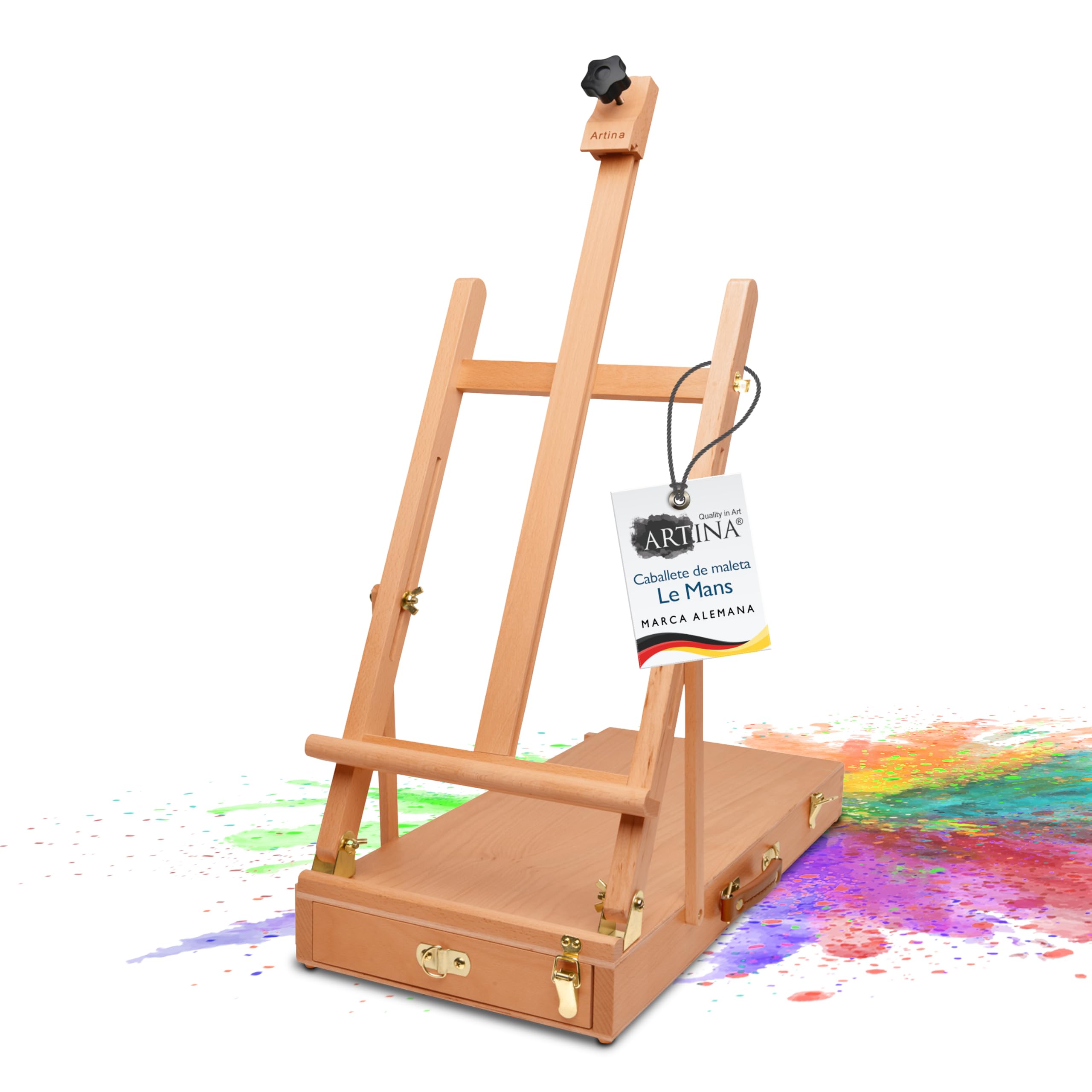 Artina Caballete maletín de madera de haya para bastidores haza tablero | Hasta 56cm de dibujo con caja ángulo de inclinación modificable kit de pinturas mesa ajustable Le Mans