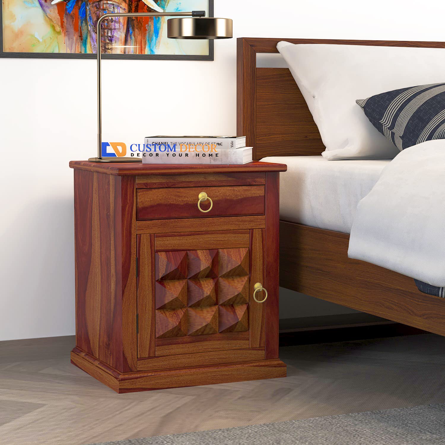 Diamond Cut Bedside Table - Walnut