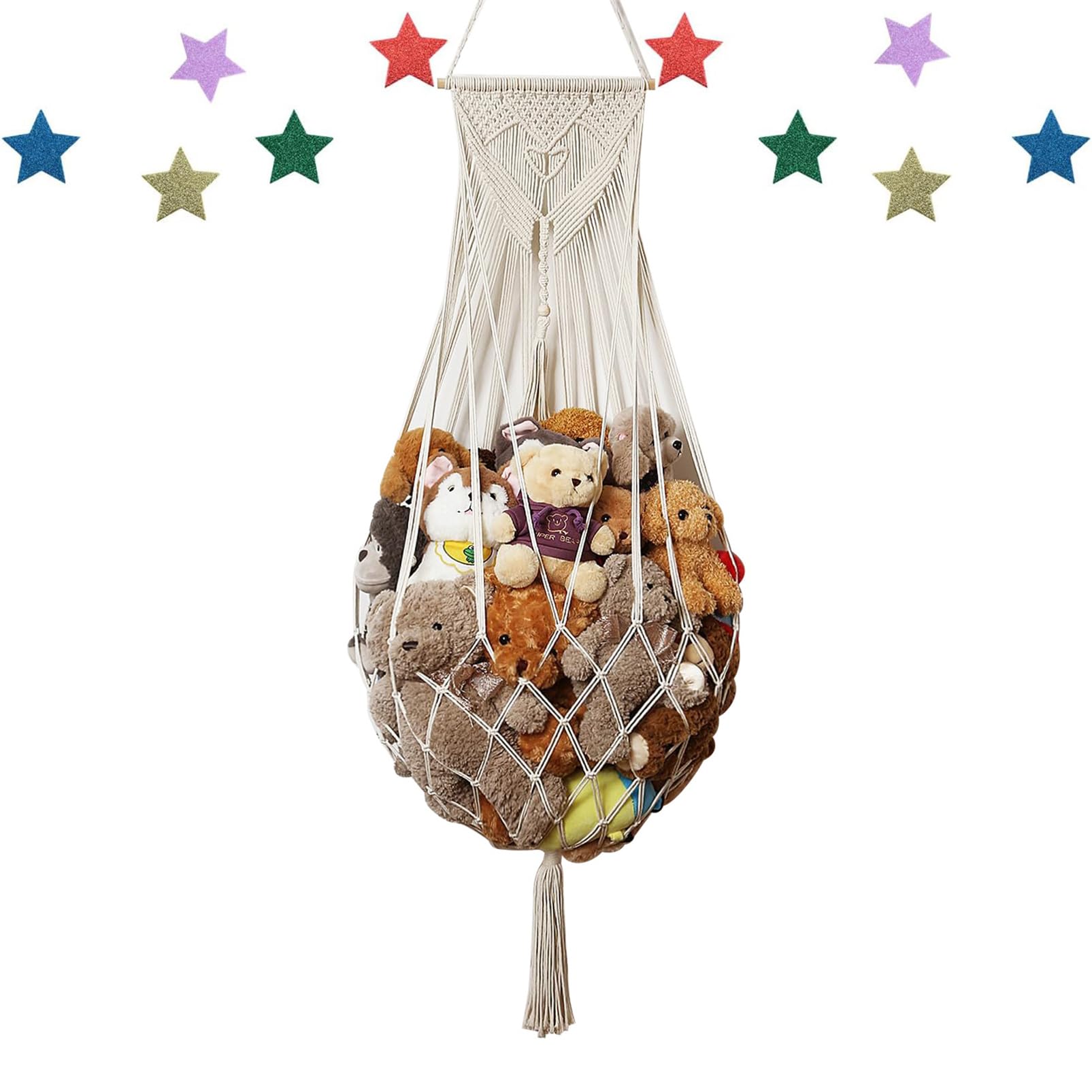 Qiyile White Cuddly Toy Storage Net Boho Macrame Plush Toy Net Stuffed Toy Hammock Hanging Organiser For Bedroom