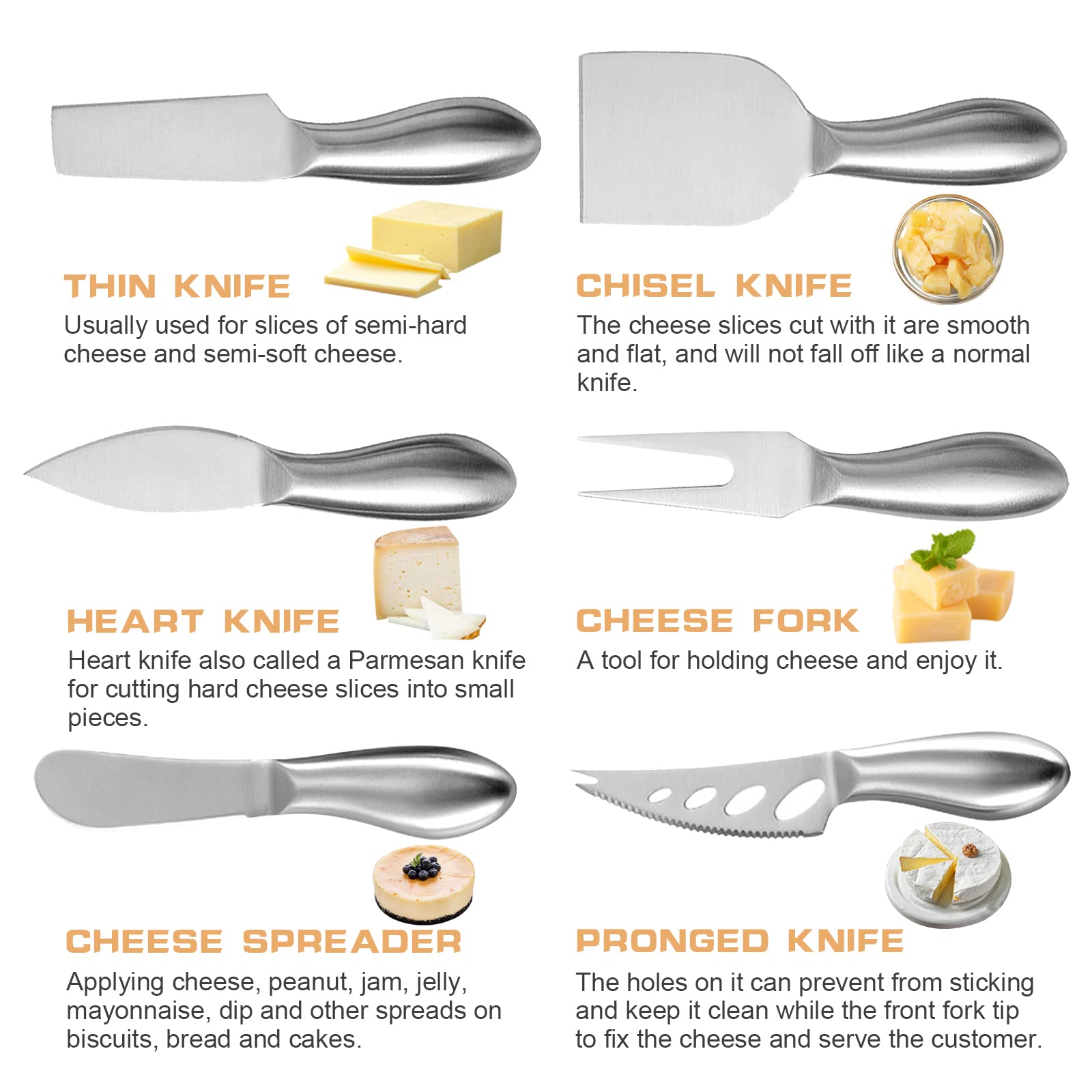 VANRA Juego de 6 Cuchillos de Queso Mini Cuchillos de Queso de Acero Inoxidable con Esparcidor de Mantequilla y Tenedor para Tablas de Embutidos y Platos de Queso