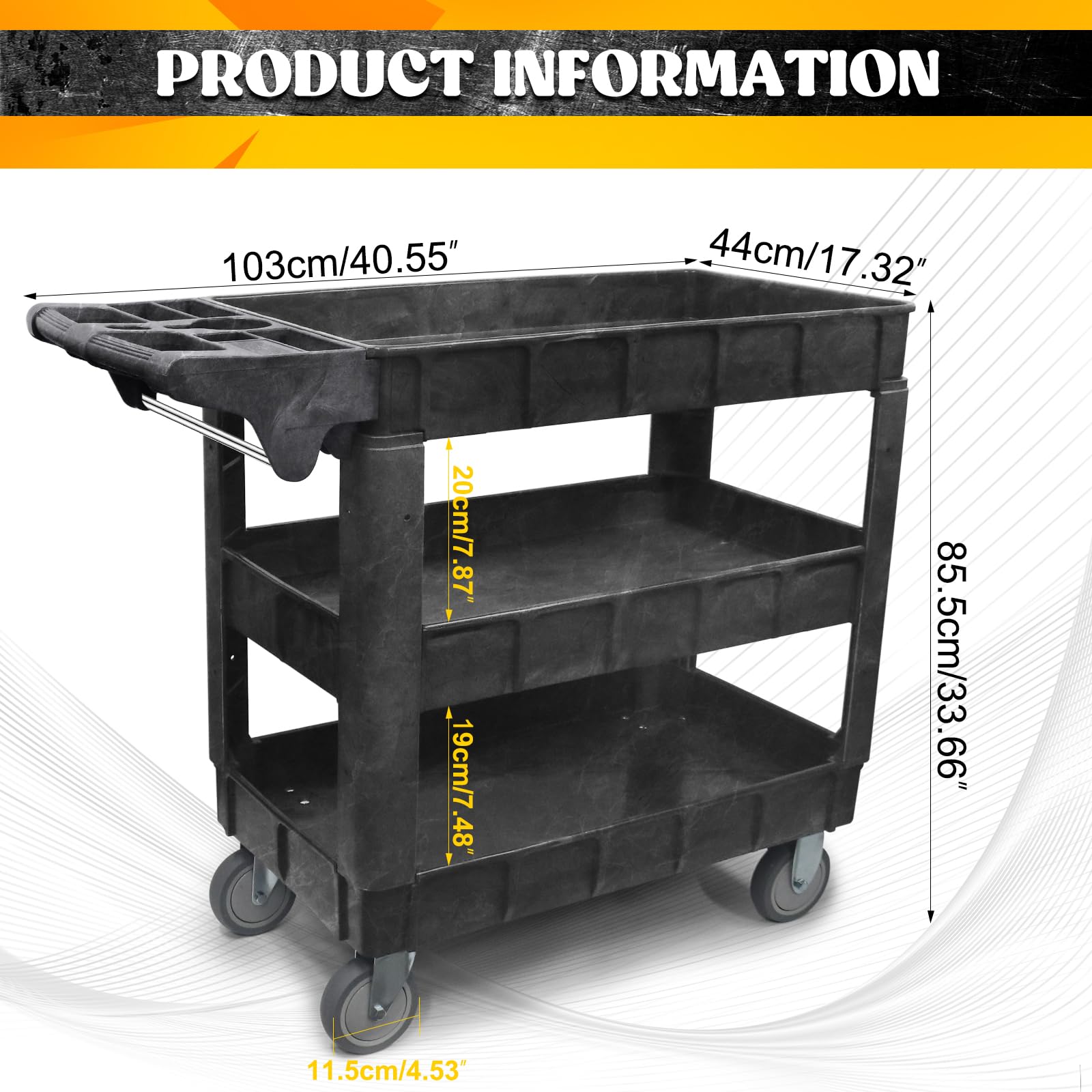 Carrello da officina a 3 ripiani (103×44×85 cm), capacità 250 kg – ripiani regolabili, ruote piroettanti e maniglia con scomparti – mazzuolo in gomma incluso