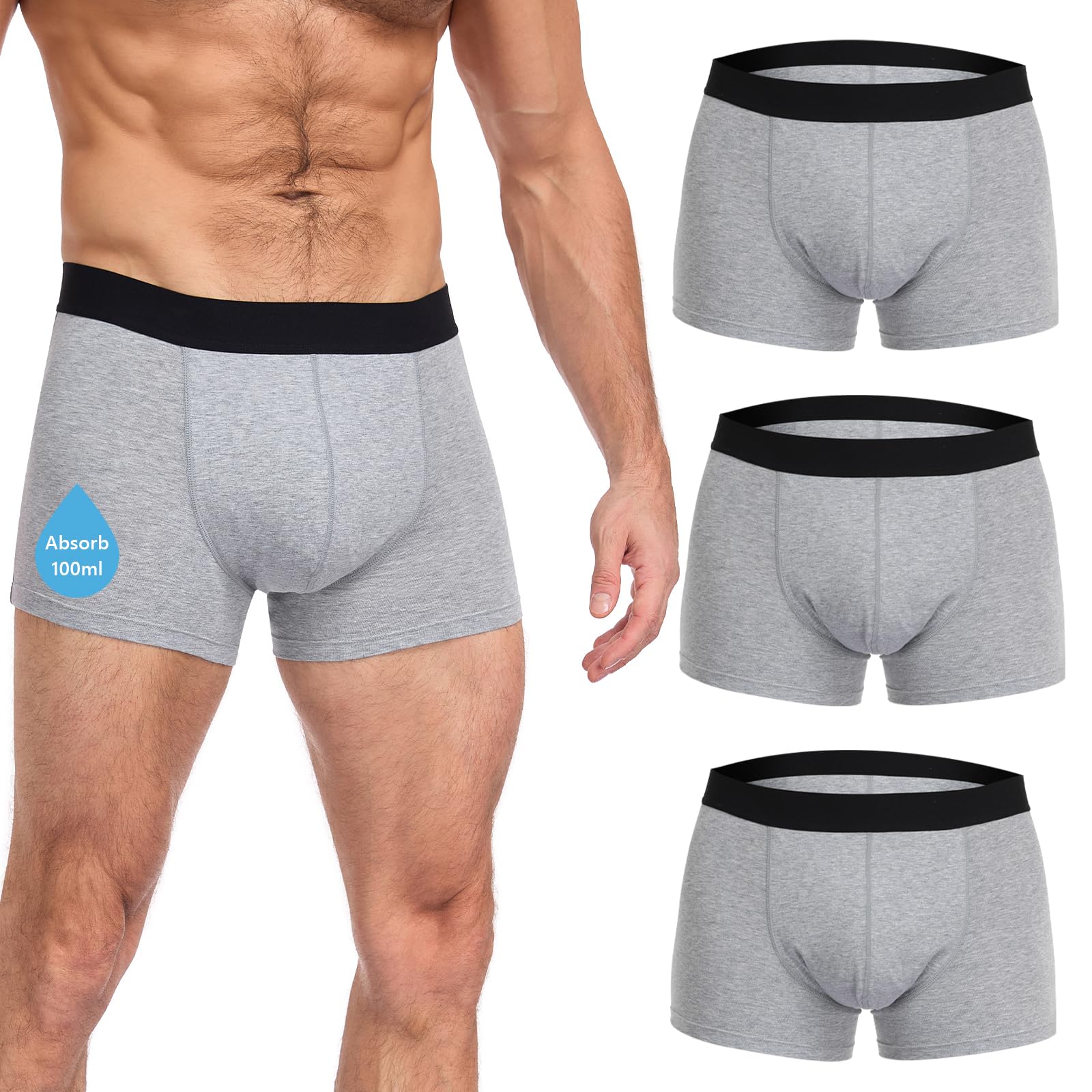 CITURLAN Inkontinenz Pants Männer - 100 ml Saugfähigkeit,Waschbar Boxershorts Herren für Inkontinenz Underwear mit Baumwolle Auslaufsicher Wiederverwendbare für Nacht und aktive Nutzung, 3er Pack