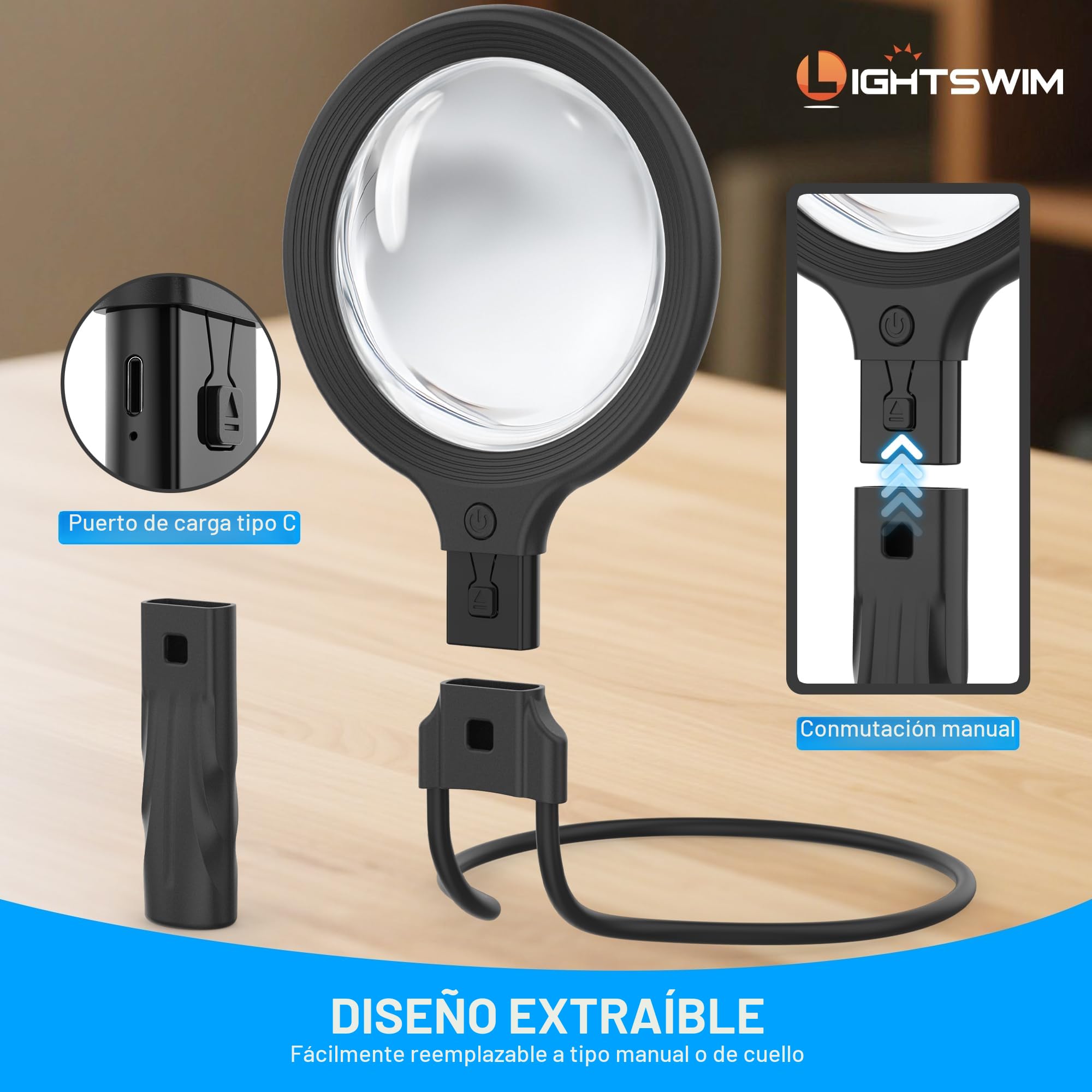 Lupa de cuello con luz para trabajo de cerca, lupa de 138 mm 5X de mano iluminada para leer libros, incluye 2 piezas de lupas pequeñas de 10X mejoradas con funda protectora, ideal para reparaciones