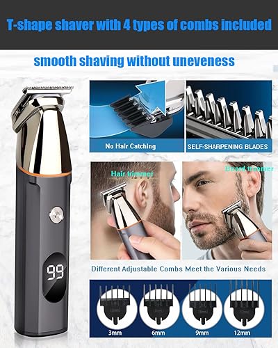 Miniatura 4 de Recortadora de barba para hombres 5 en 1 kits de aseo profesional para la nariz afeitadora facial pantalla LED IPX7 impermeable inalámbrica