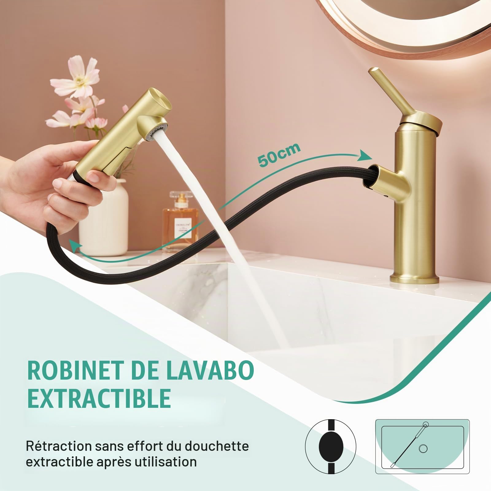 Faustina Robinet Salle de Bain pour Lavabo avec Douchette Extractible, Mitigeur Monocommande Monotrou, Or
