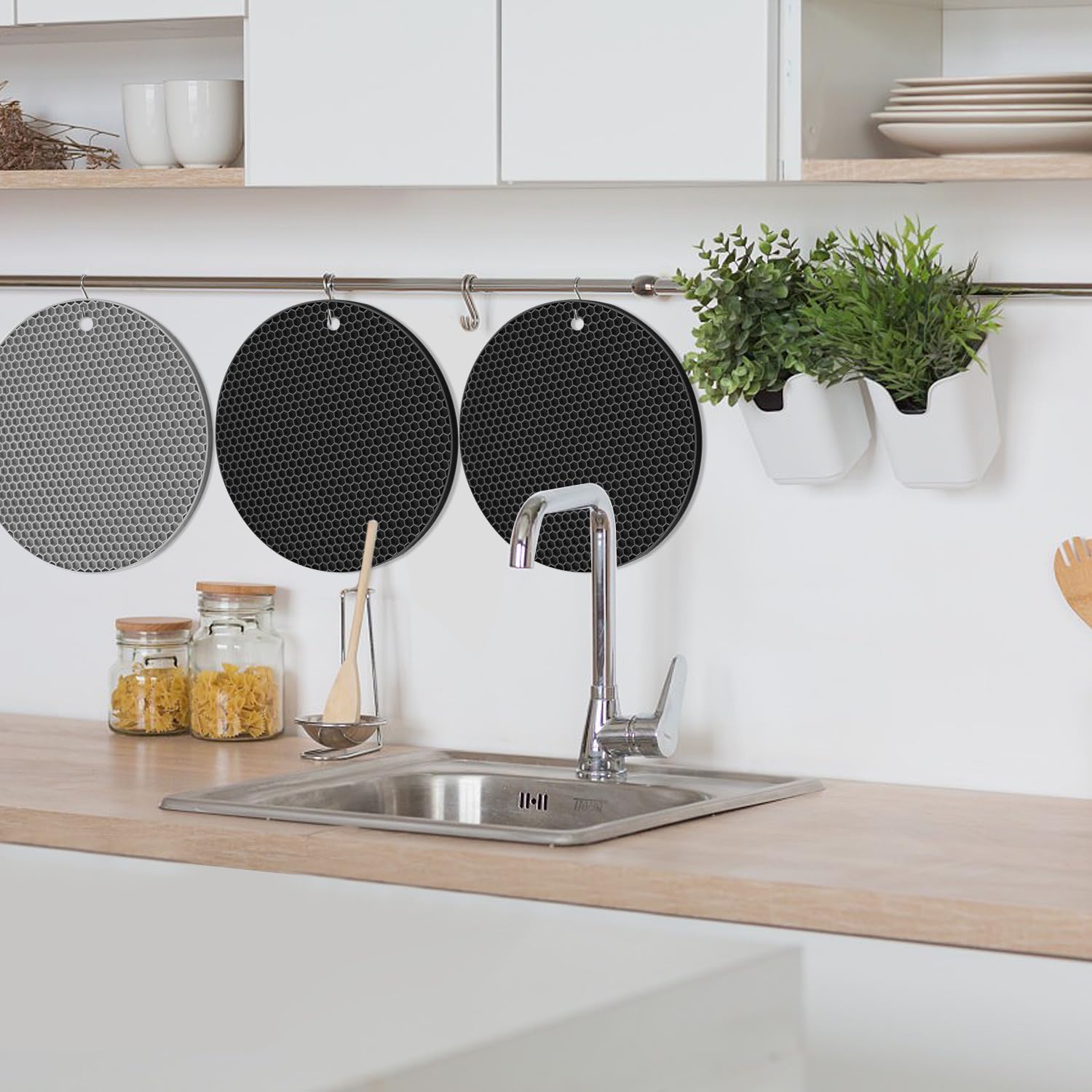 Sottopentola in silicone antiscivolo, 6 pezzi, sottopentola da cucina per pentole calde, cuscinetti rotondi per padelle, nero e grigio