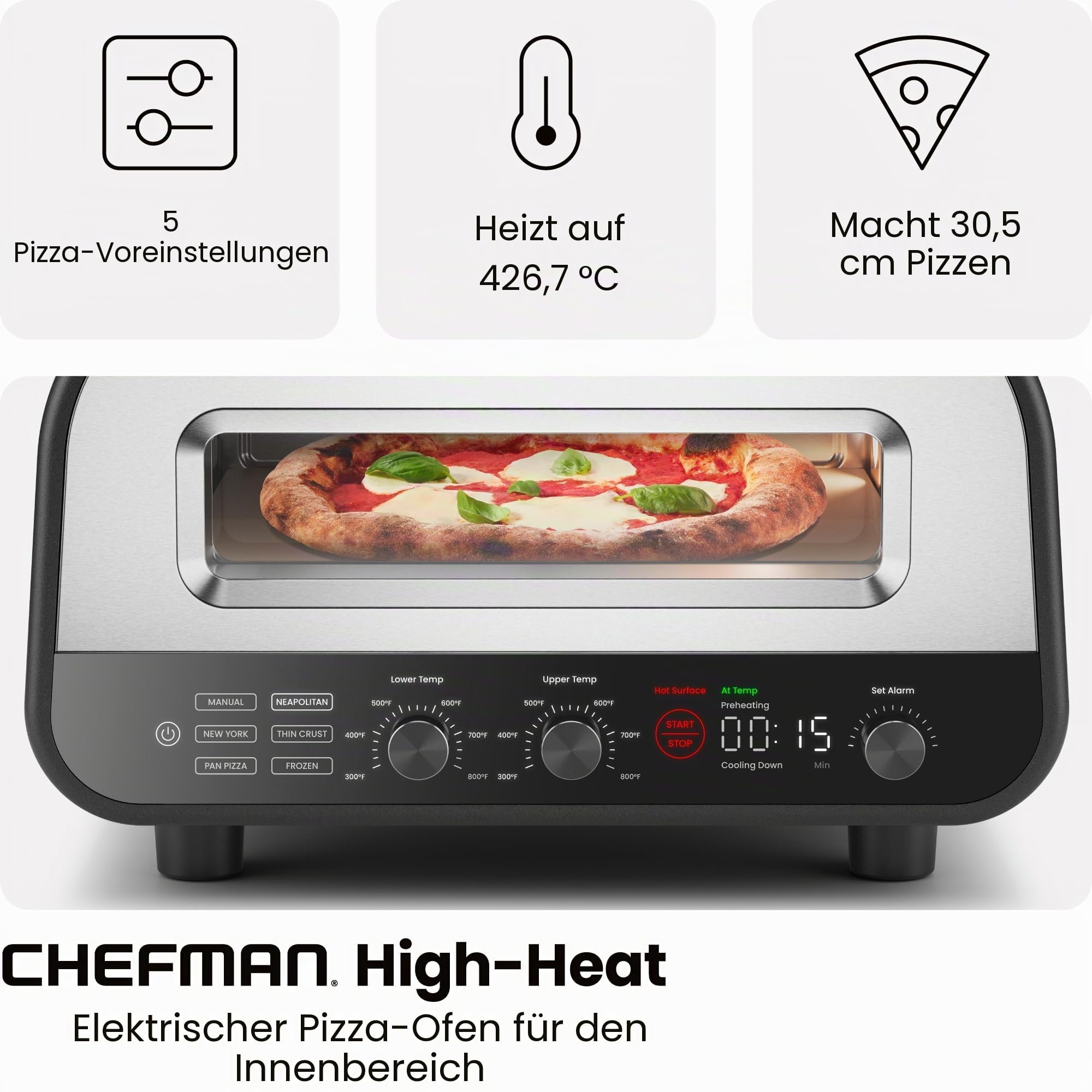 CHEFMAN Pizzaofen für den Innenbereich – macht 30,5 cm große Pizzas in Minuten, erhitzt bis zu 426.7 °C – Elektrischer Pizzabereiter mit 5 Touchscreen-Voreinstellungen, Pizzastein und Schäler im