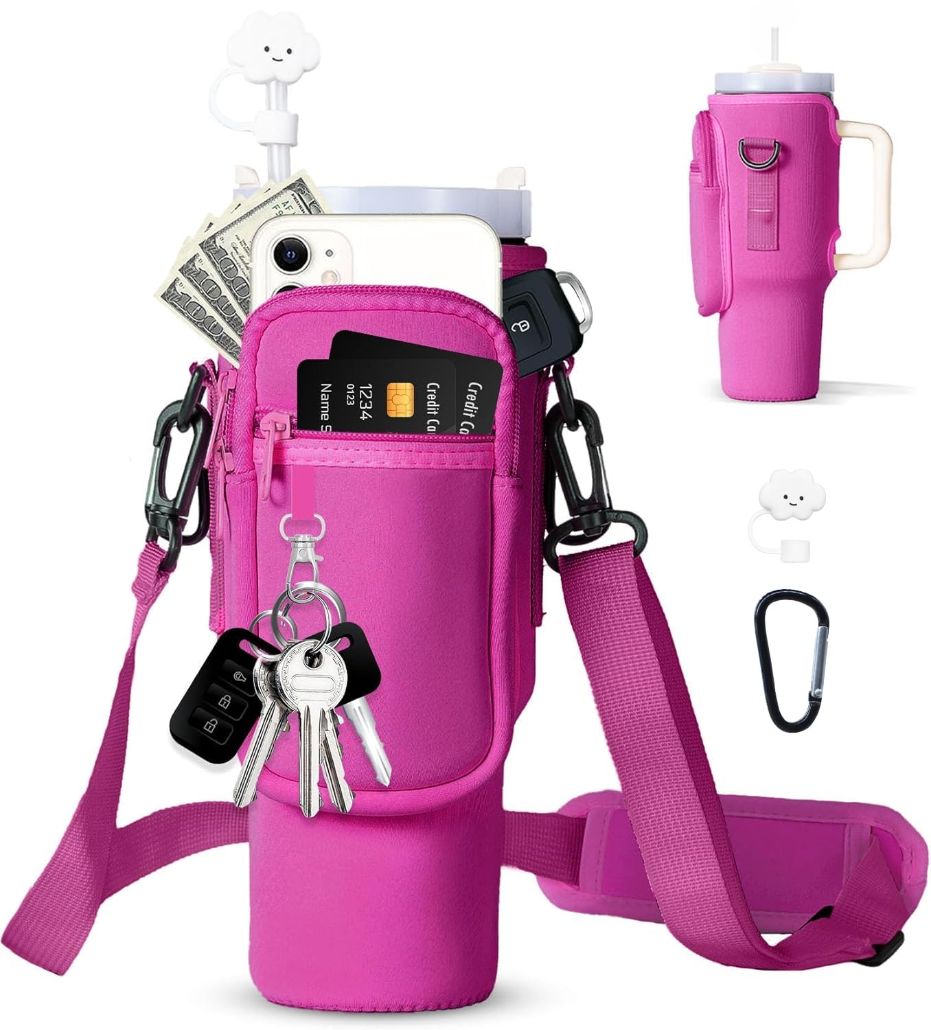 dabria Water Bottle Carrier Bag with Phone Pocket for Stanley 40/30 oz Tumbler Neoprene Water Bottle Holder Pouch with Adjustable Strap Bollus with Straw Cover & Carabiner for Stanley Cup Accessories