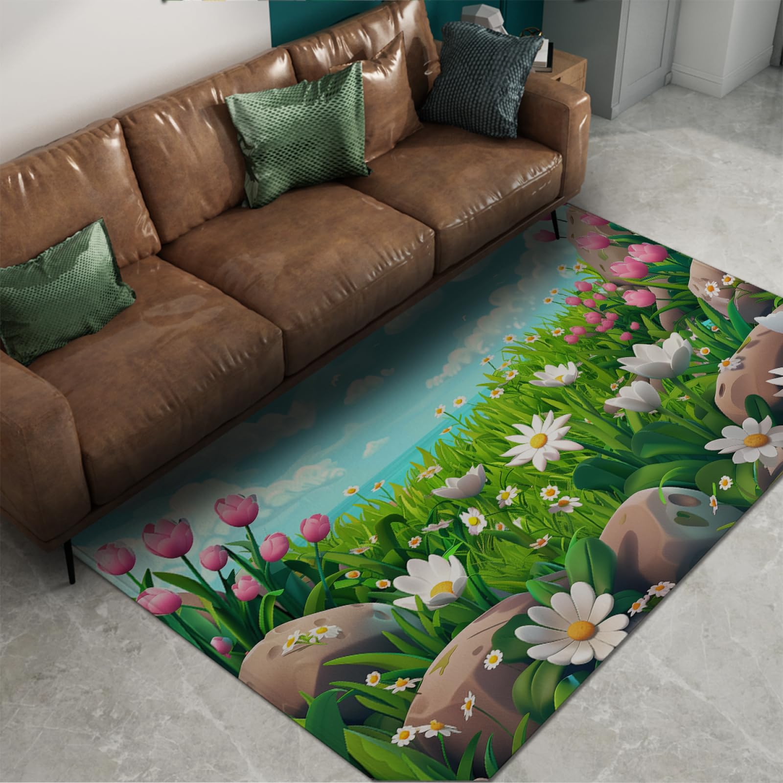 Tapis de Marguerite pour Fille garçon Chambre d’Enfant Tapis Floraux Modernes pour Chambre de bébé Salle de Jeux Tulipe Tapis de Sol pour Salle de Bain entrée Ciel Bleu 60x120cm