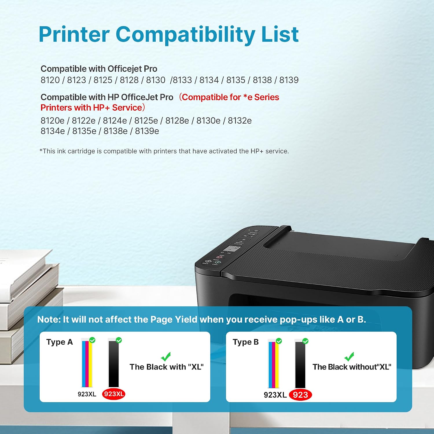923 Ink Cartridges for HP Printers Replacement for HP 923 Ink Cartridges Work with HP OfficeJet Pro 8138e 8120e 8125e 8130e 8135e 8120 8134 Printer 4-Pack Black and Color, Without Chip 6C3Y6LN