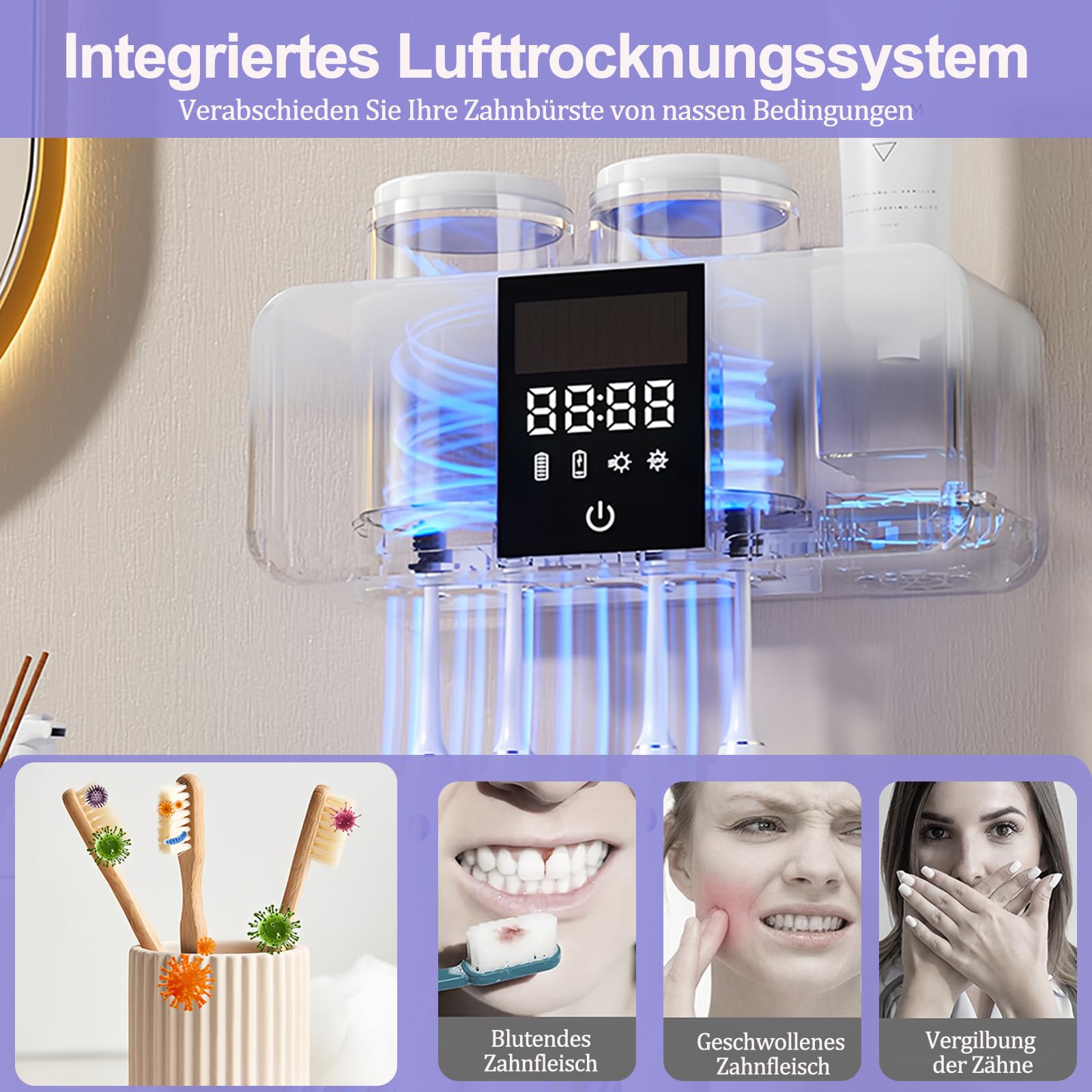 Maxspace Soporte para cepillo de dientes, esterilizador de cepillo de dientes UV con secado, carga solar y función de limpieza automática, soporte para cepillos de dientes de pared, sin taladrar, con
