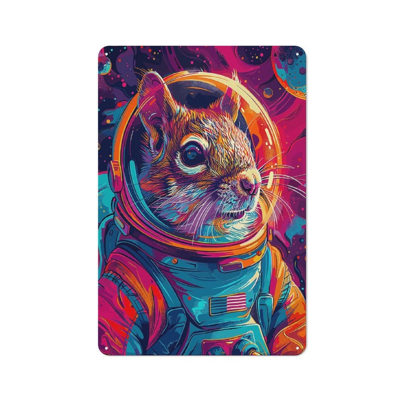 Junmoney Style-20 Tin Wall Plaque 30X20cm With Squirrel Astronaut Space For Home Bar Wall, New-Space Wall Decor For Hosts Who Enjoy Retro Interiors