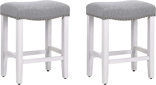 WO - Taburete tapizado para interiores de 24 pulgadas en 2 piezas, sin espalda, taburete de bar con patas blancas antiguas para oficina, hogar,