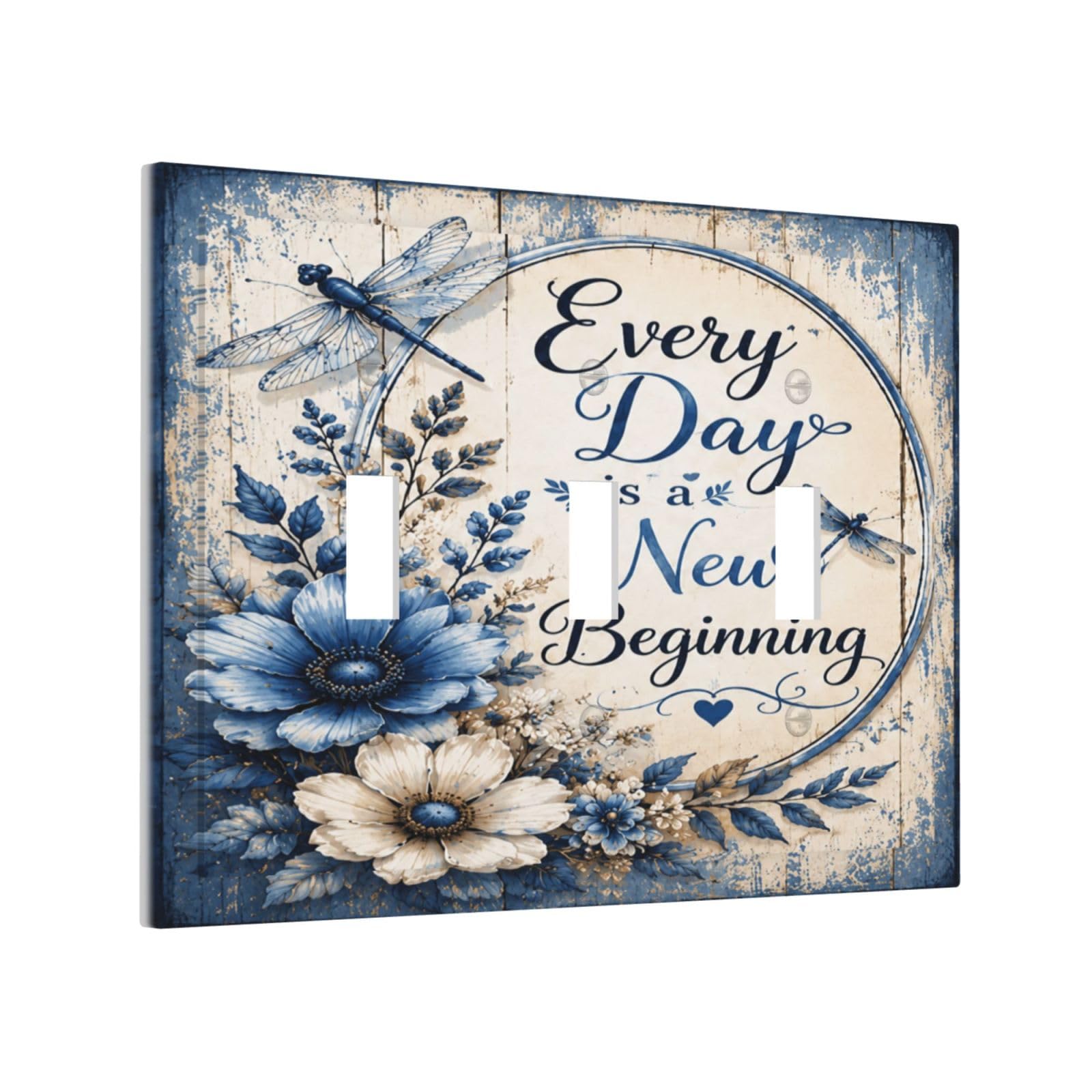 Yamxbfa Decorative Light Switch Cover Plate Inspirational Floral Quote Blue White Wildflower Dragonfly 3 Gang Wall Plates Triple Toggle Switch Plate Covers Outlet Covers Faceplate for Home Decor