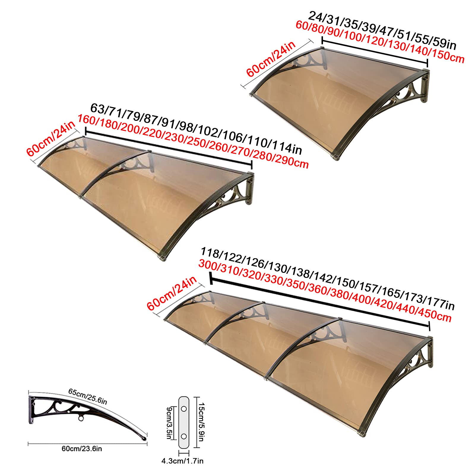 Auvent de Porte de fenêtre incurvé Silencieux avec Protection UV, Supports en Alliage d'aluminium, résistant à l'eau et aux Chocs, Couverture extérieure en Polycarbonate Marron (60 x 150 cm)