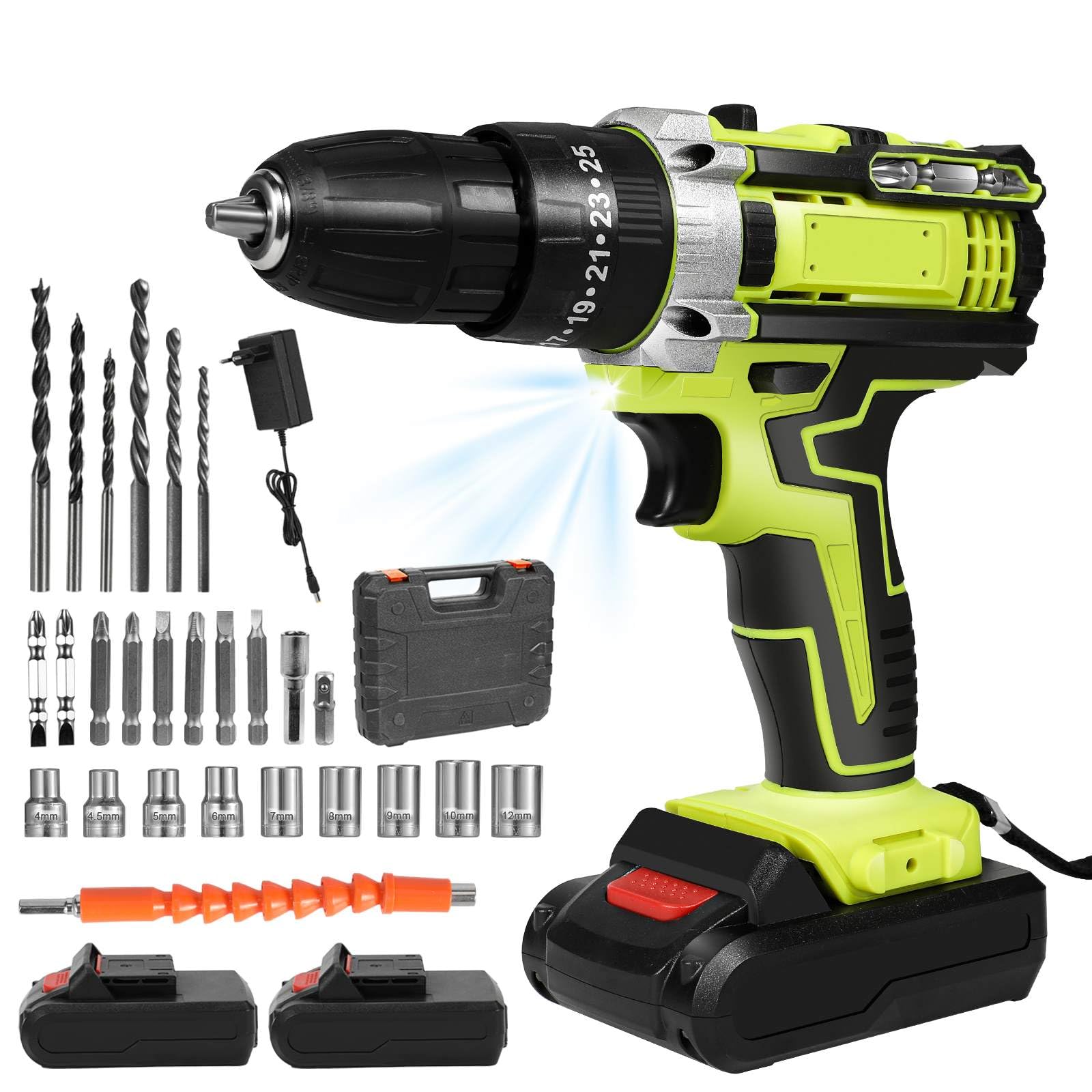 Recargable USB Taladro eléctrico Kit de herramientas 21v | Con batería*2 y cargador,Caja de herramientas compacta para bricolaje, reparación y mantenimiento en el hogar