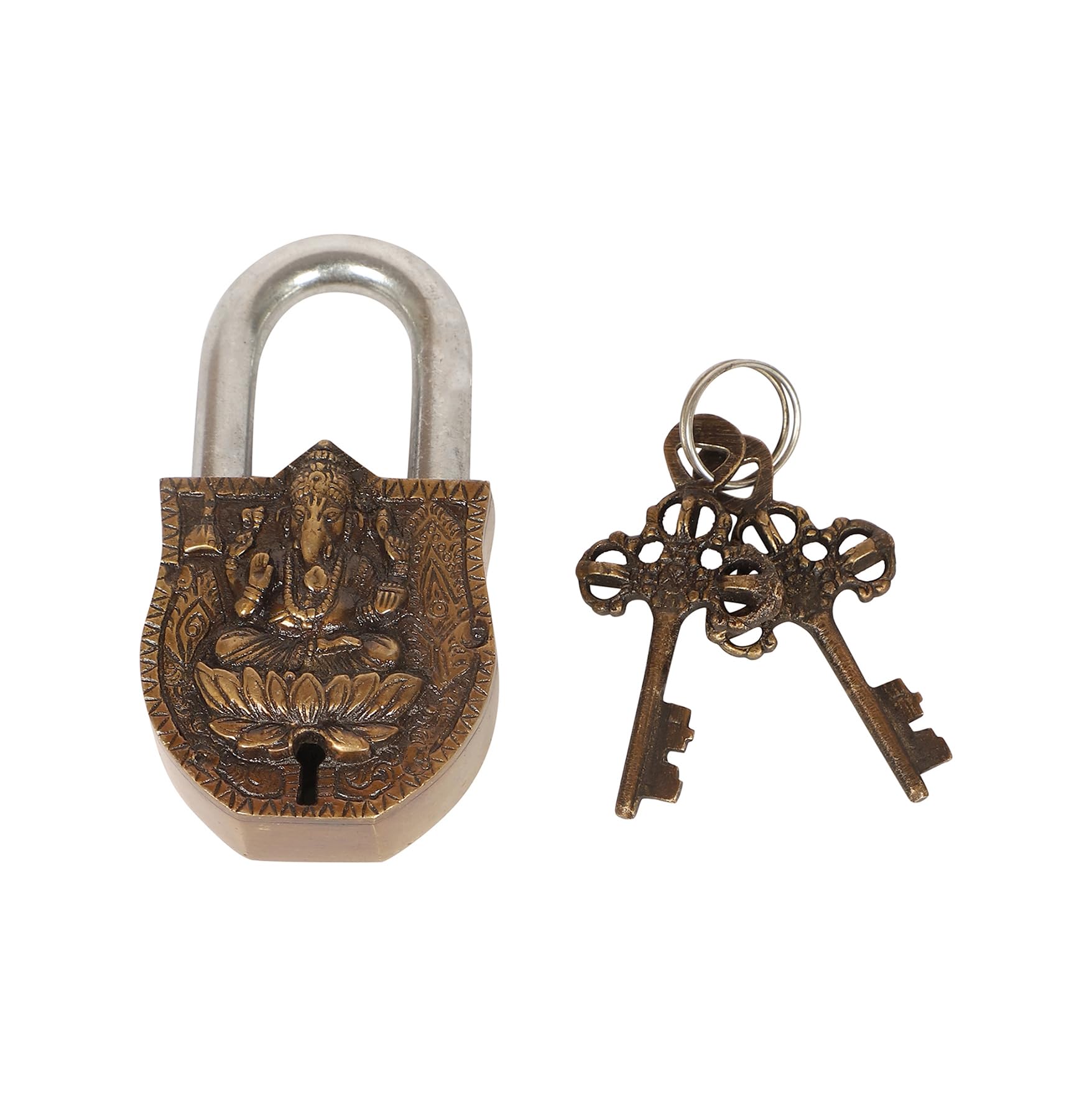 Two Moustaches Ganesha Design Functional Brass Lock with 2 Keys, Golden