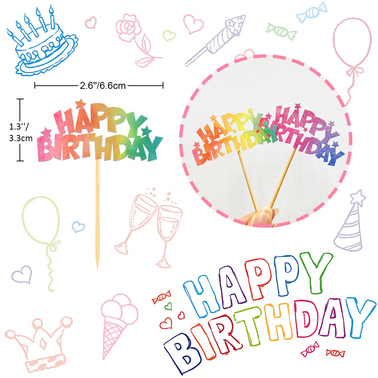 Moitkptt 24pcs Rainbow Happy Birthday Cupcake Toppers