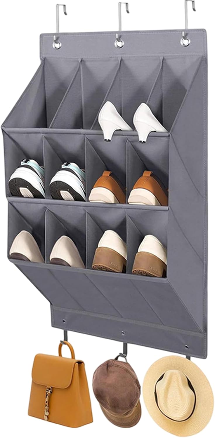 Behind The Door Shoe Rack 12-grid Non-woven Shoe Door Organizer Gray