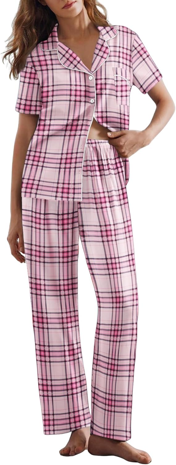 Ekouaer Women Pajamas Set Button Down Sleepwear Short Sleeve Nightwear with Long Pants Soft Pjs Set S-XXL