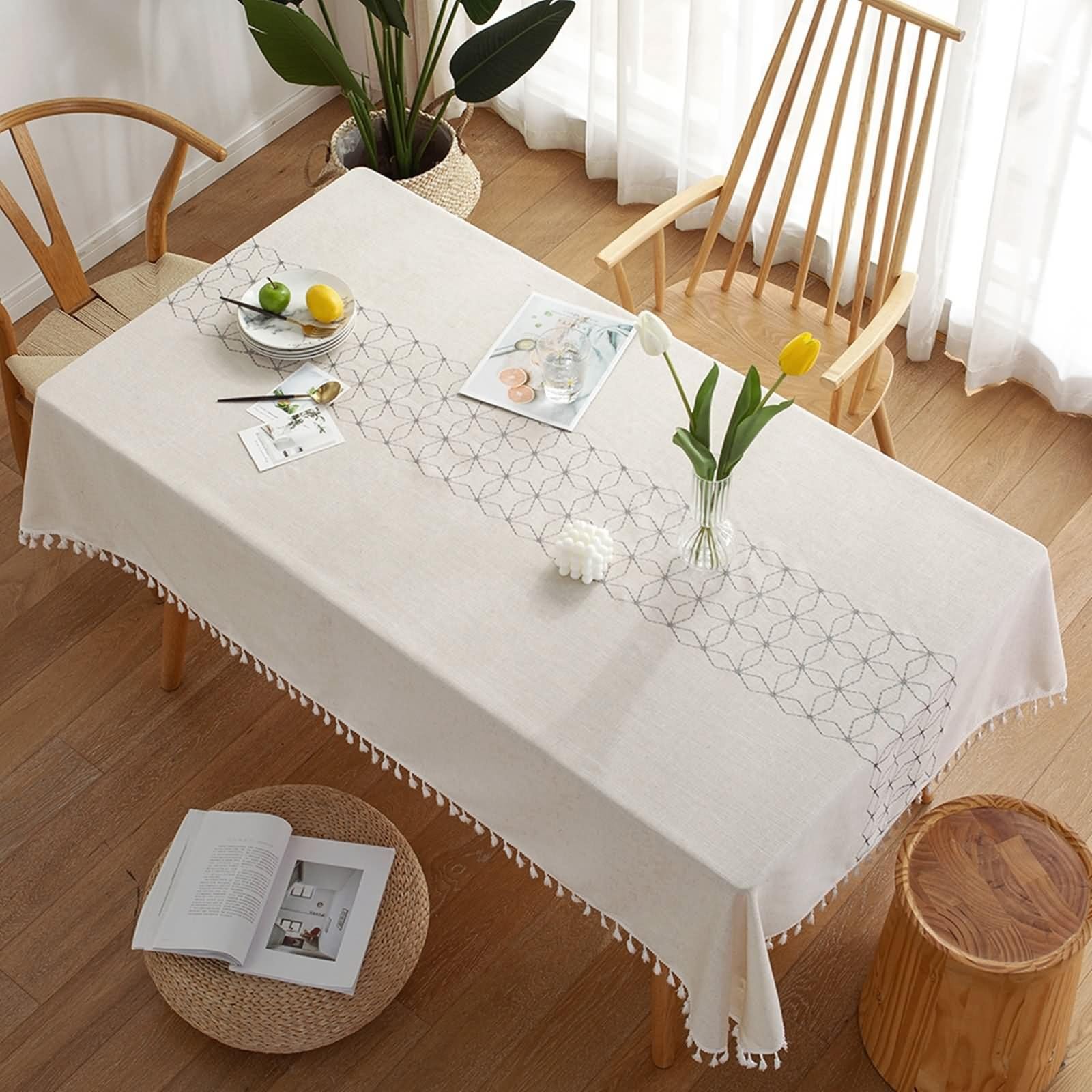 Duży obrus kuchenny, pokrowce na stół imprezowy materiał romb geometryczny z połowy wieku nowoczesny obrus szary boho neutralny obrus poliester 38 x 140 cm