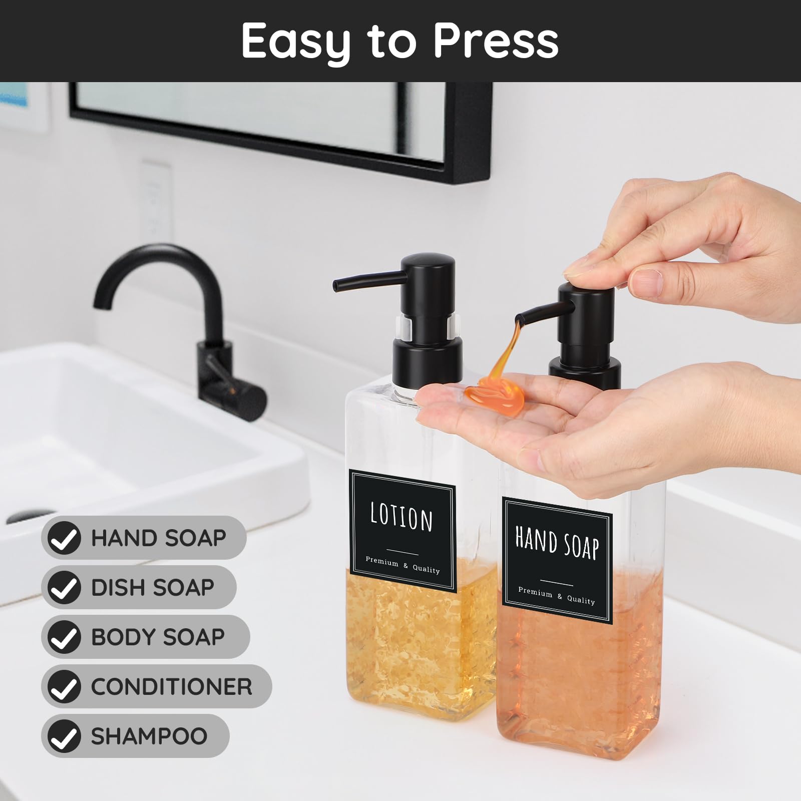Segbeauty Dispenser Sapone Cucina, 4 Pezzi 500ml Dispenser Doccia, Dispenser Shampoo e Bagnoschiuma, Dispenser Shampoo in Plastica, Dispenser Detersivo Piatti con Etichetta (Trasparente)