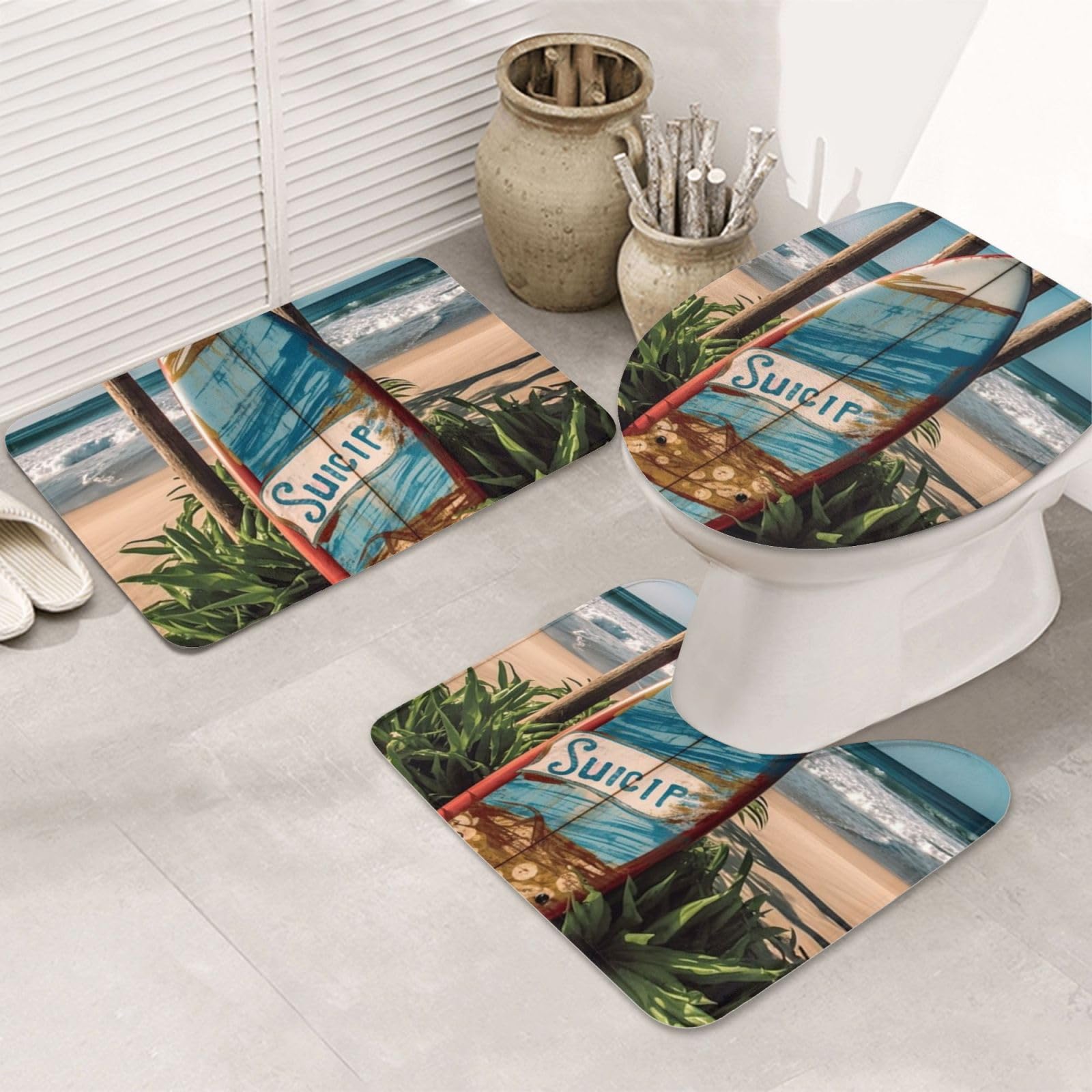 Dwrepo Surfing Board Print Bathroom Rug Set 3 Piece with Non-Slip U-Shaped Contour Mat and Toilet Lid Cover for Bathroom Decoration