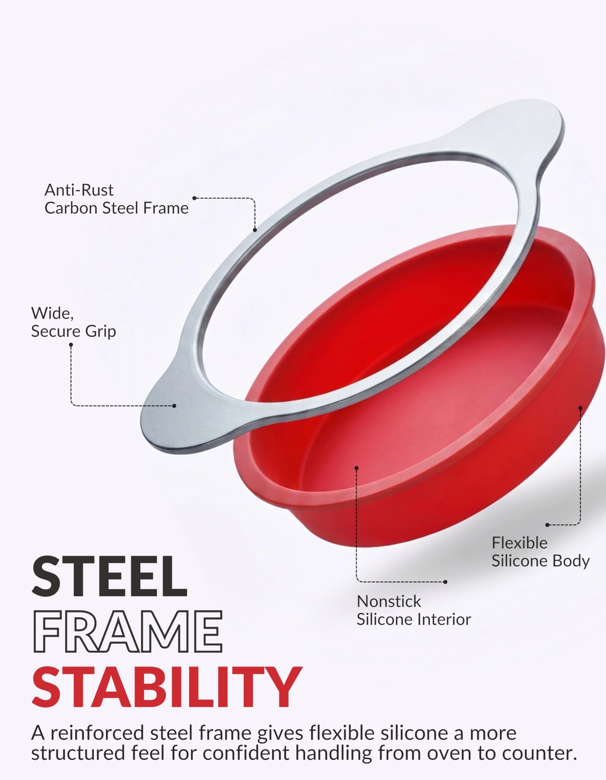 Boxiki Kitchen Moule à Gâteau Rond en Silicone avec Revêtement Antiadhésif de 22,9 cm de avec des Poignées en Cadre en Acier - Parfait pour Cuire des Gâteaux Ronds Délicieux.