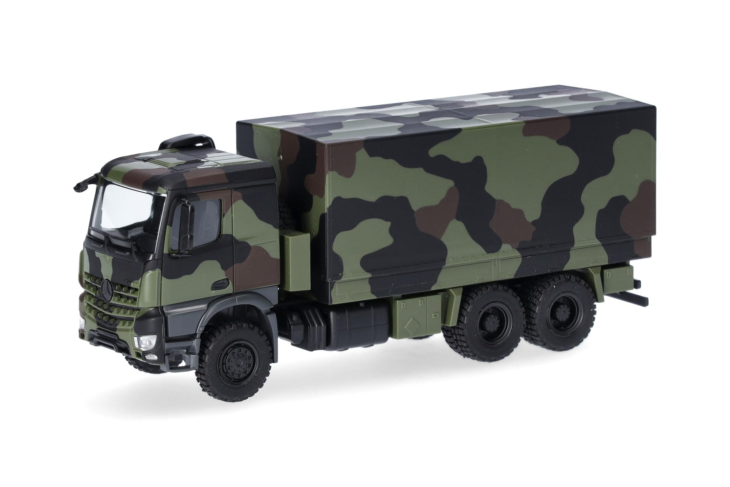 Herpa Truck Model Mercedes-Benz Arocs 6x6 Flatbed/Canvas, decorated, miniature at a scale of 1:87, collectible, Made in Germany, plastic
