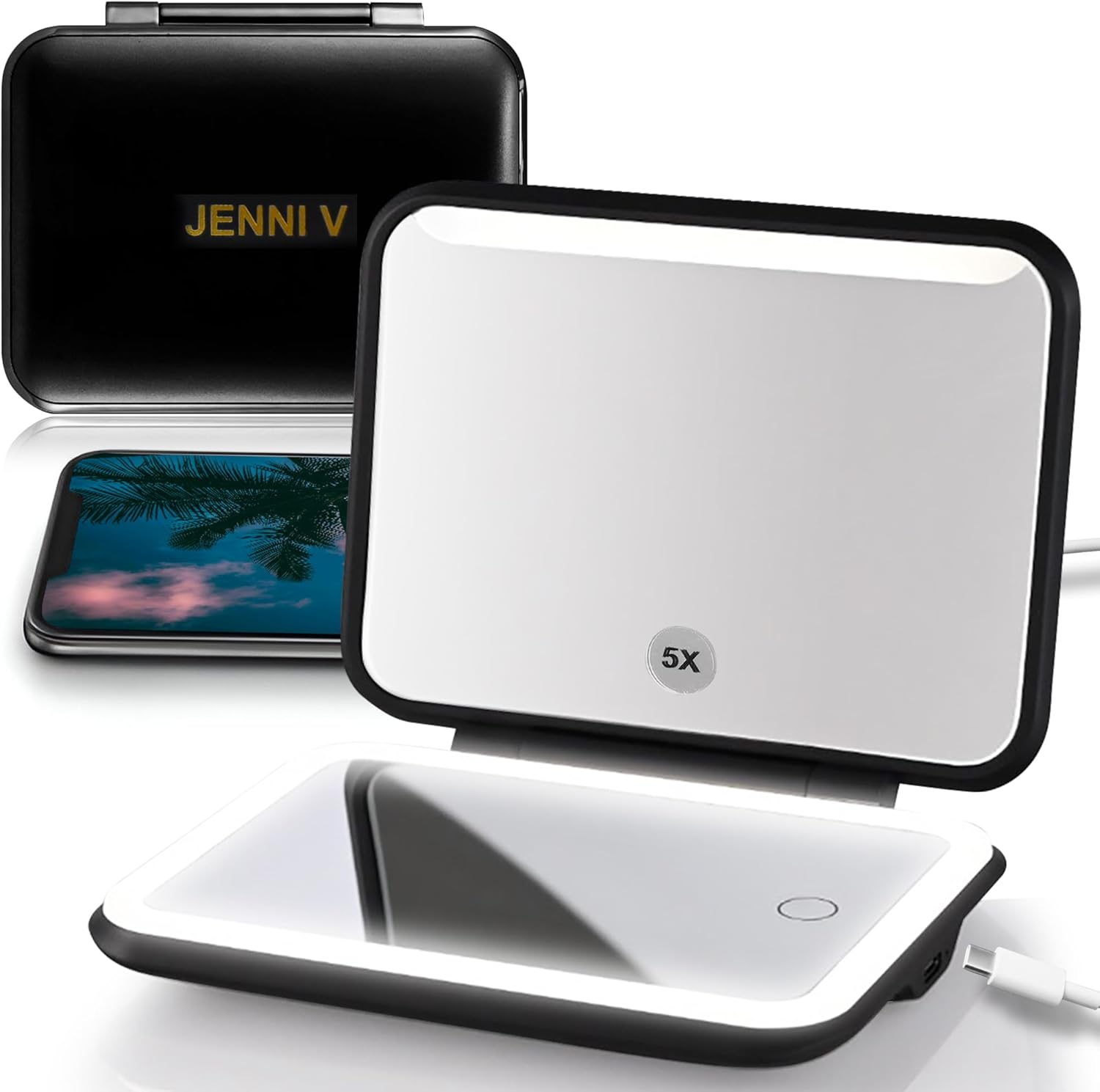 jenni v led compact mirror with light, 5x magnification and power bank changer - handheld pocket mirror - rechargeable travel mirror with light - small portable makeup mirror for purse (black)
