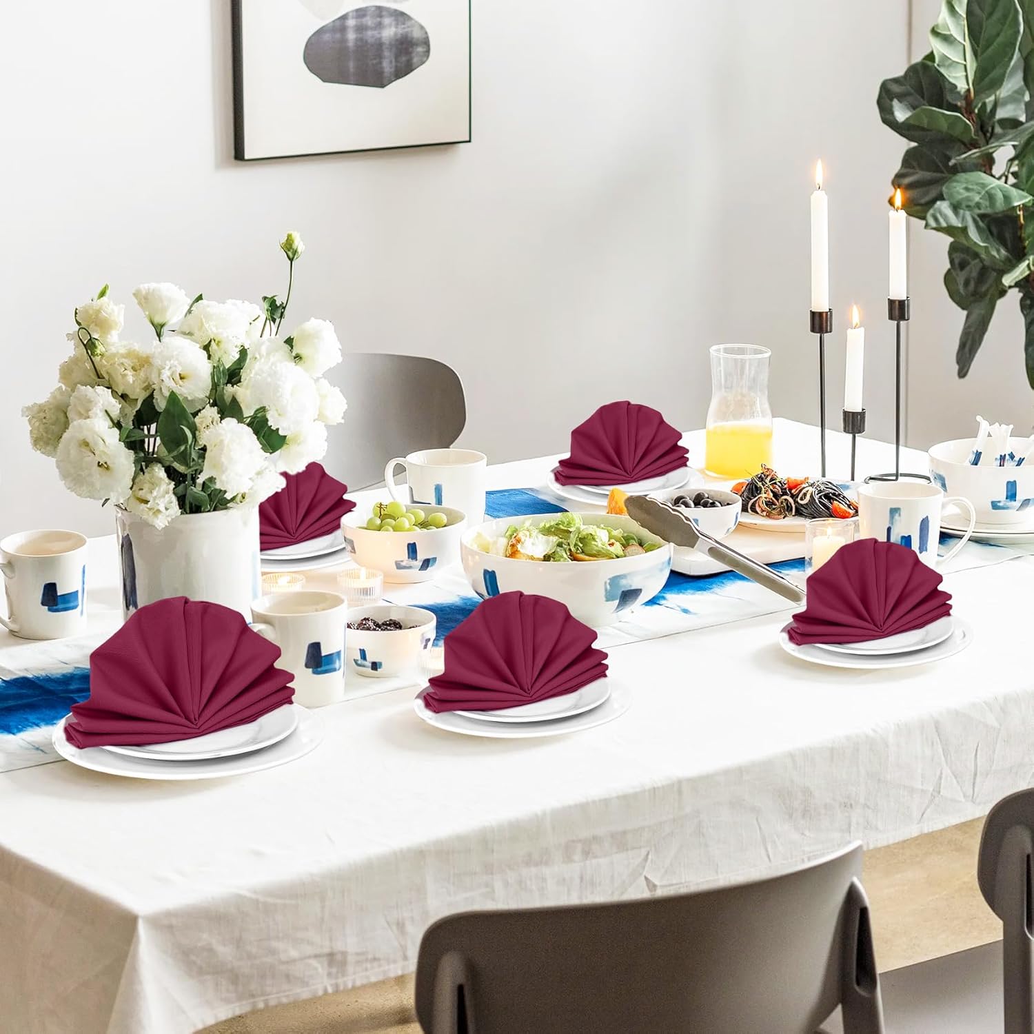 SuperO Set of 80 Cloth Napkins 17 x 17 Inch, Polyester Solid Washable Dinner Napkins with Hemmed Edges,Great for Restaurant, Wedding and Party(Burgundy)