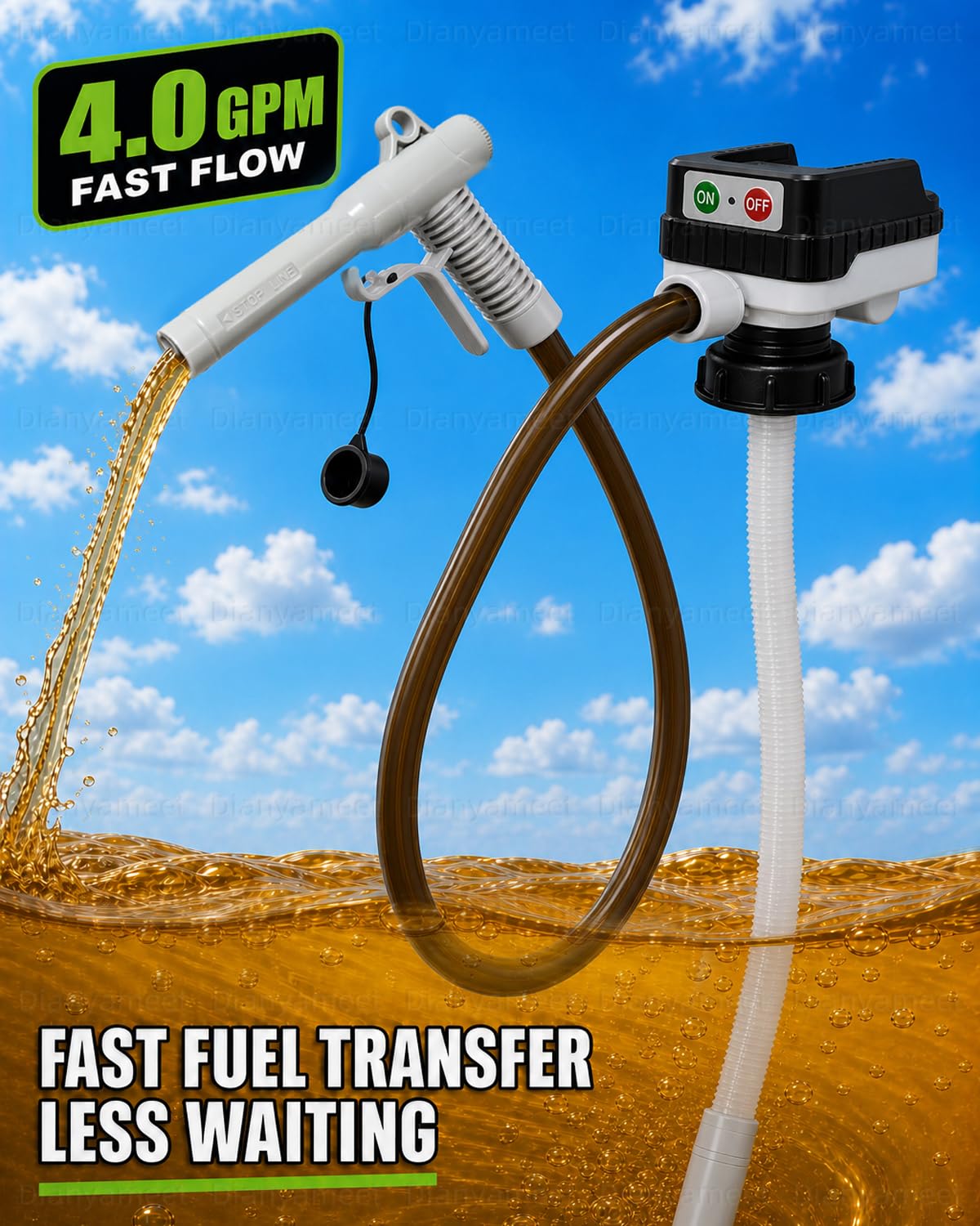 Pompe de transfert Carburant 15L/min électrique universelle avec Auto-Stop | Tuyau PVC 130cm, pour Diesel/Essence, Compatible pour DeWalt 20V & Milwaukee 18V, 4 Adaptateurs + Universel (Sans Batterie)
