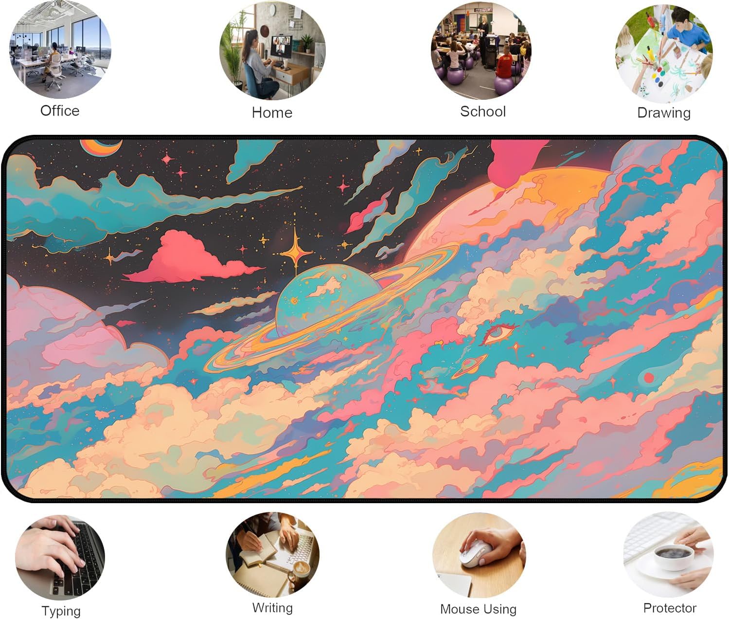 Colorful Starry Sky Desk Mat, Abstract Art Mouse Pads Long, Anime Large Game Desktop Cover Pad, Cute Eye Mouse Mats XXL, Women Laptop Keyboard Mat Suitable for Work Office Home 31.5"X15.7" image 4