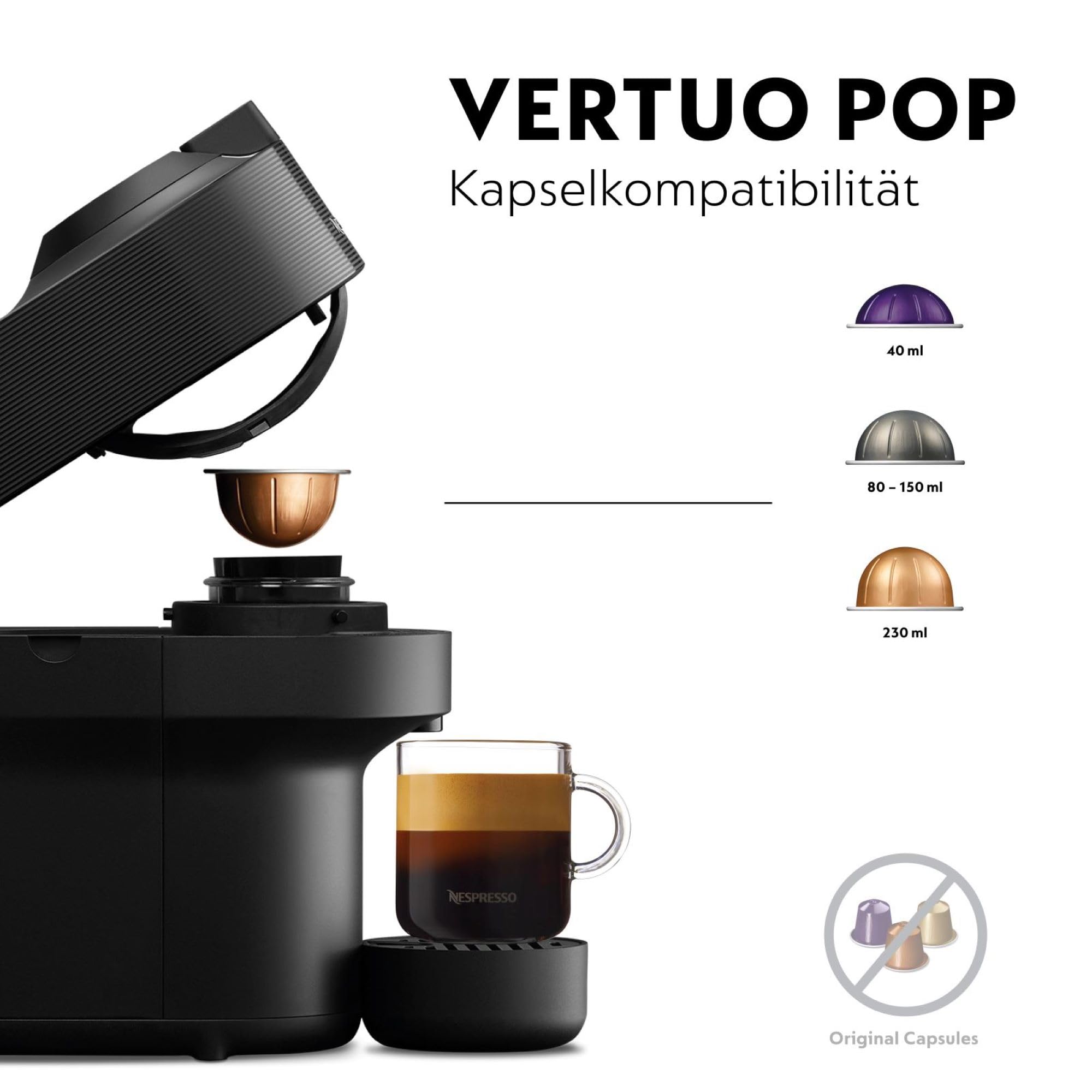NESPRESSO DE’LONGHI Vertuo Pop Schwarz Kapselmaschine ENV90.B 4 Tassengrößen Barcode-Erkennung One-Touch Bedienung