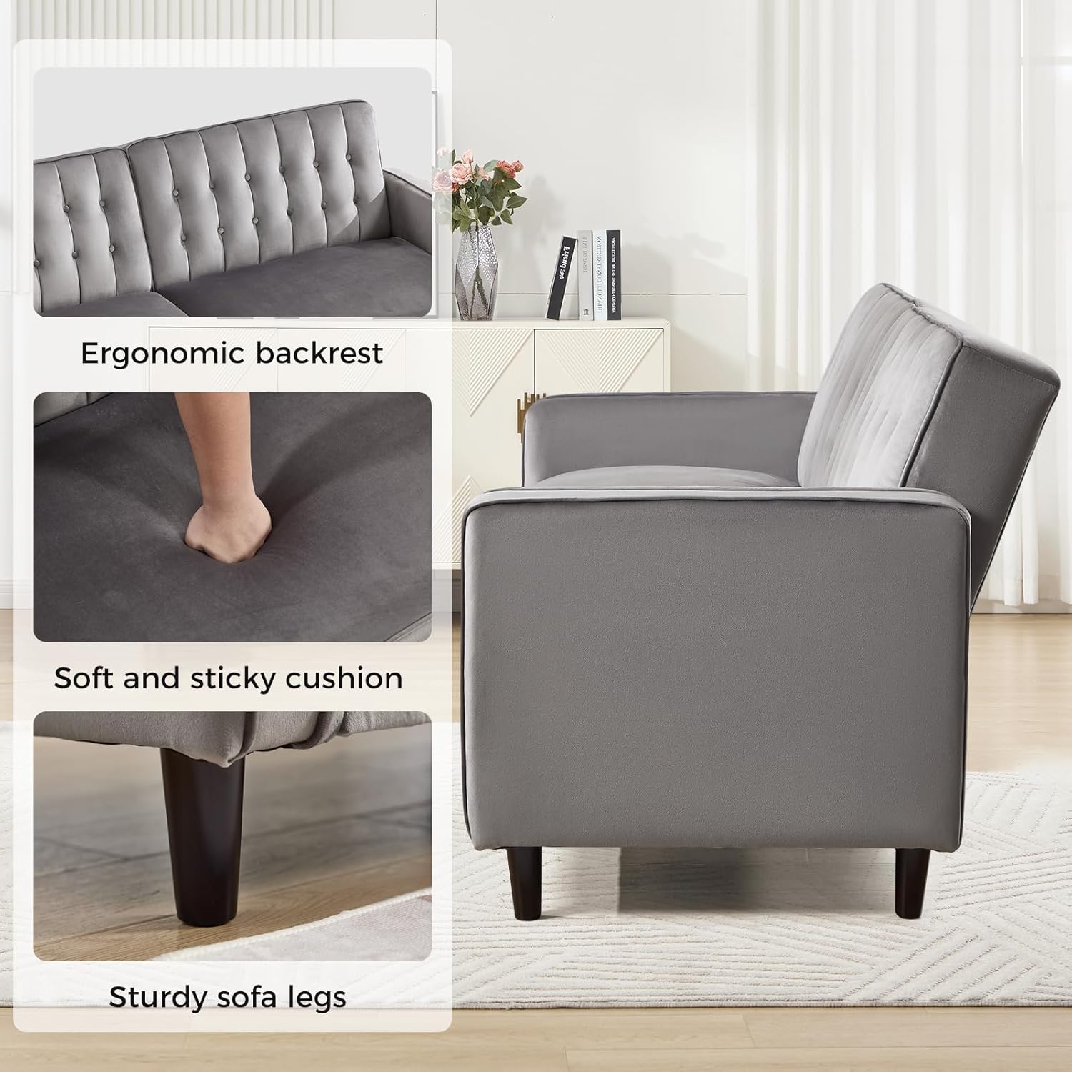 CANMOV Convertible Sofa Bed,82″Fabric Futon Couch with Adjustable Backrest,3 in 1 Convertible Comfy Loveseat Recliner Sleeper Sofa Bed for Living Room,Grey