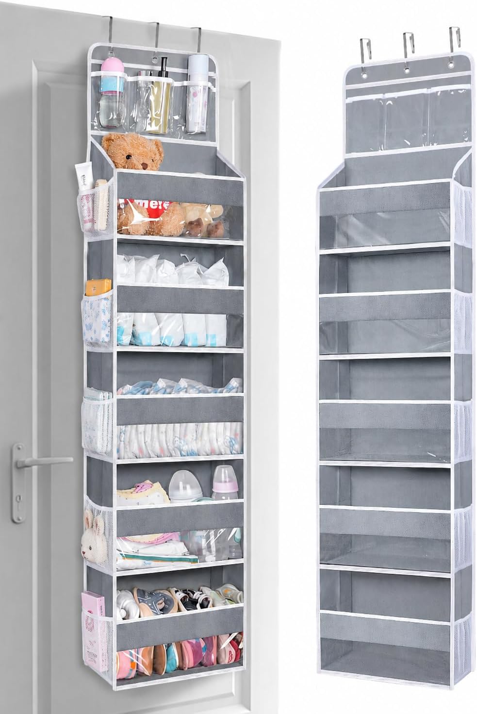 Over the Door Organizer, Heavy Duty Hanging Door Organizer with 5 Large Pockets, 3 Clear PVC Pocket & 5 Side Mesh Pockets, Over the Door Storage for Closet, Bathroom, Pantry, Bedroom, Nursery & Dorm