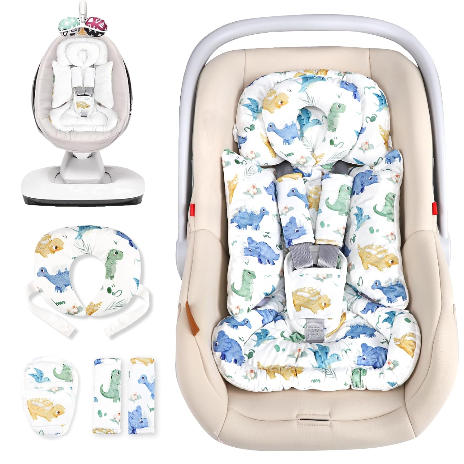 TANOFAR Infant Car Seat Insert with Removable Cushion for Baby Boys, Reversible Newborn Carseat Insert for Baby Head Body Support, Fits for Stroller, Baby Swing, Bouncer (Dinosaur)