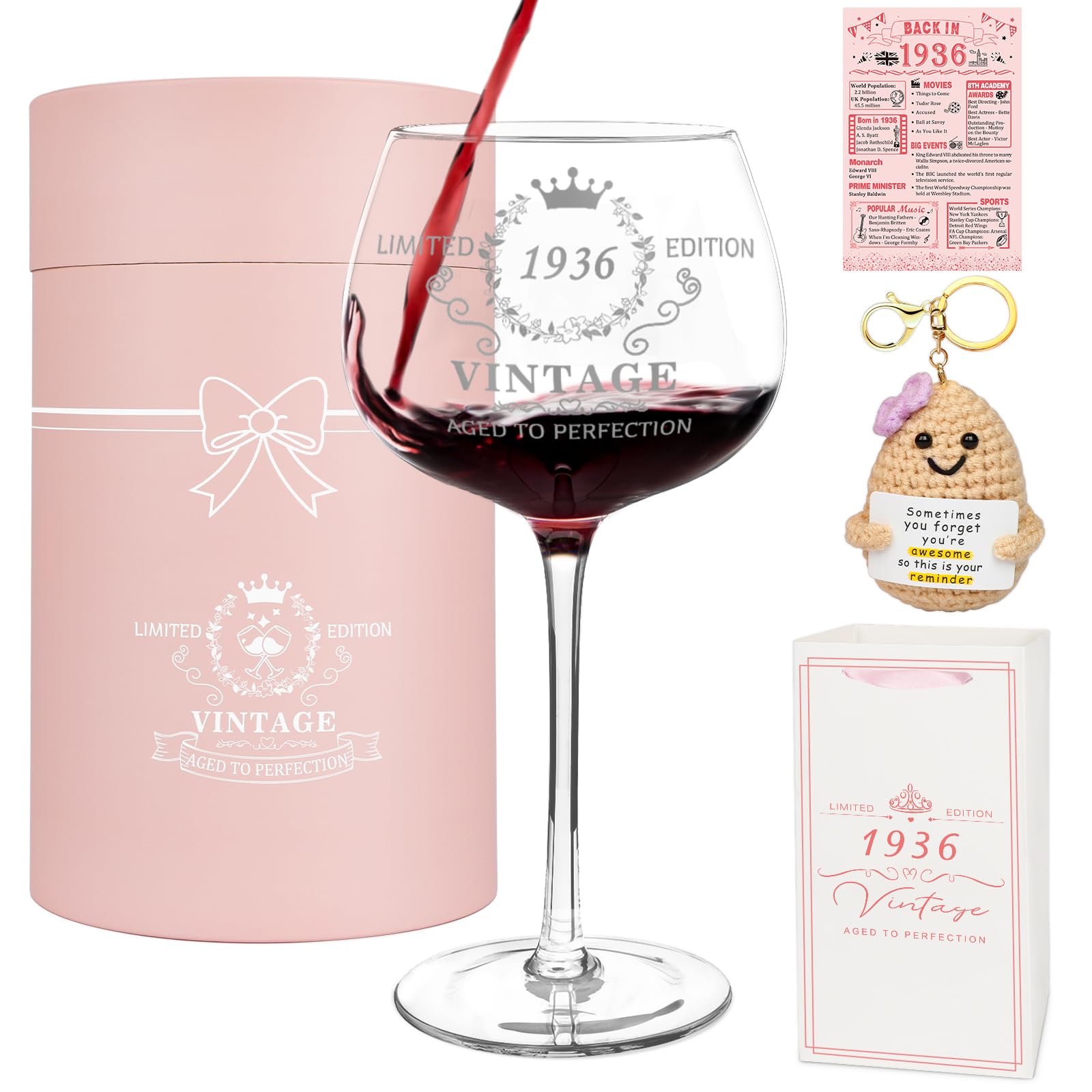 Vanqruo 90th Birthday Gifts for Women, Vintage 1936 Platinum Print Wine Glass, 90th Birthday Decorations for Women, Happy 90 Year Old Gift Ideas for Her, Friends - 16Oz Wine Glass
