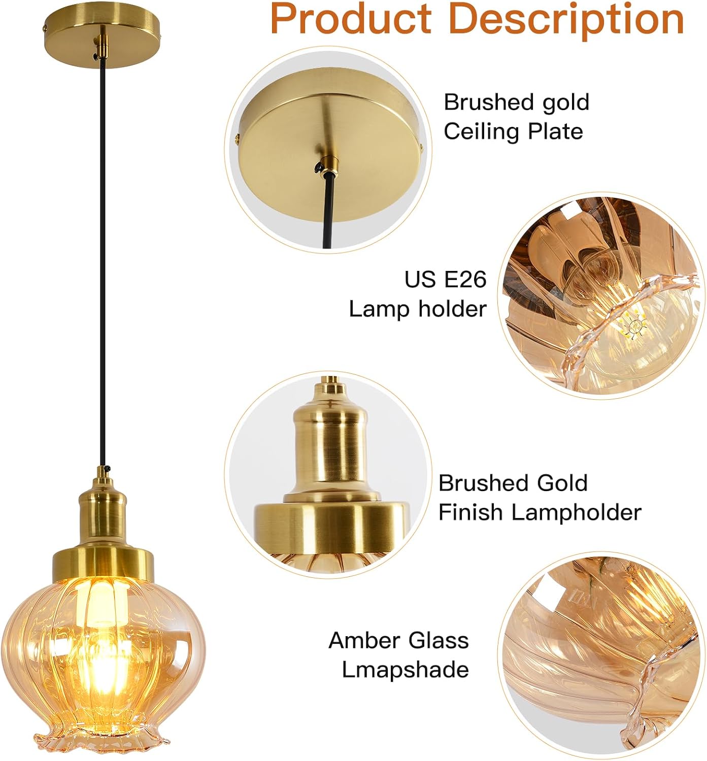 ZHENYANGL 7.8" Modern Amber Glass Pendant Light Vintage Farmhouse Woven Pendant Light Fixture Adjustable Rod Retro Pistil Pendant Lights for Kitchen Island, Dining Room, Bedroom, Hallway, Entryway